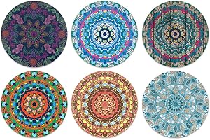 Bohemian Mandala Round Neoprene Fabric Coasters, Set of 6