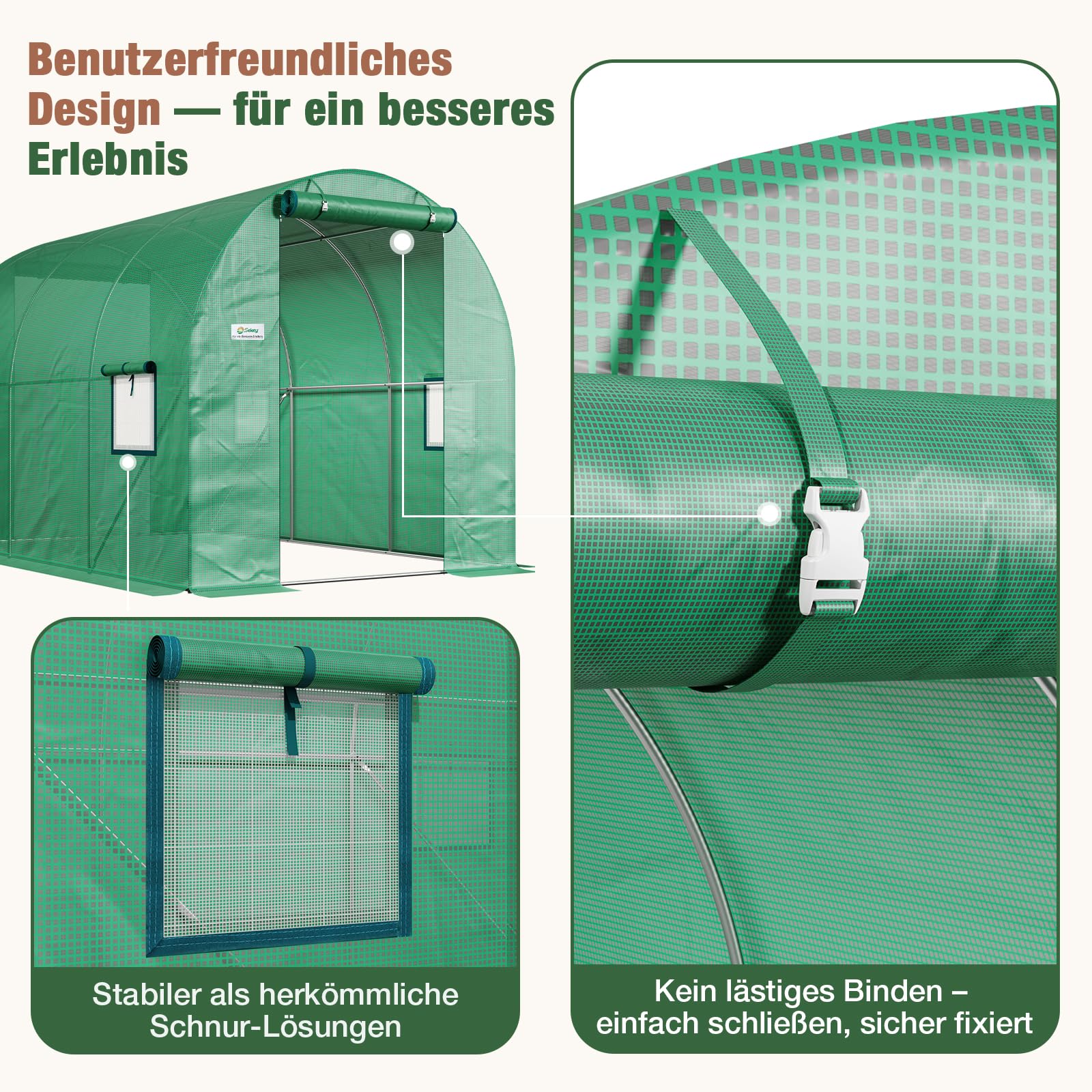 Sekey Ersatzfolie 3x2x2m für Folientunnel – 140g/m² PE Gitterfolie mit 4 Fenstern & 2 Türen – UV-beständig & Reißfest – Ersatzabdeckung für Treibhaus & Tomatenhaus (Grün, Ohne Gestell)