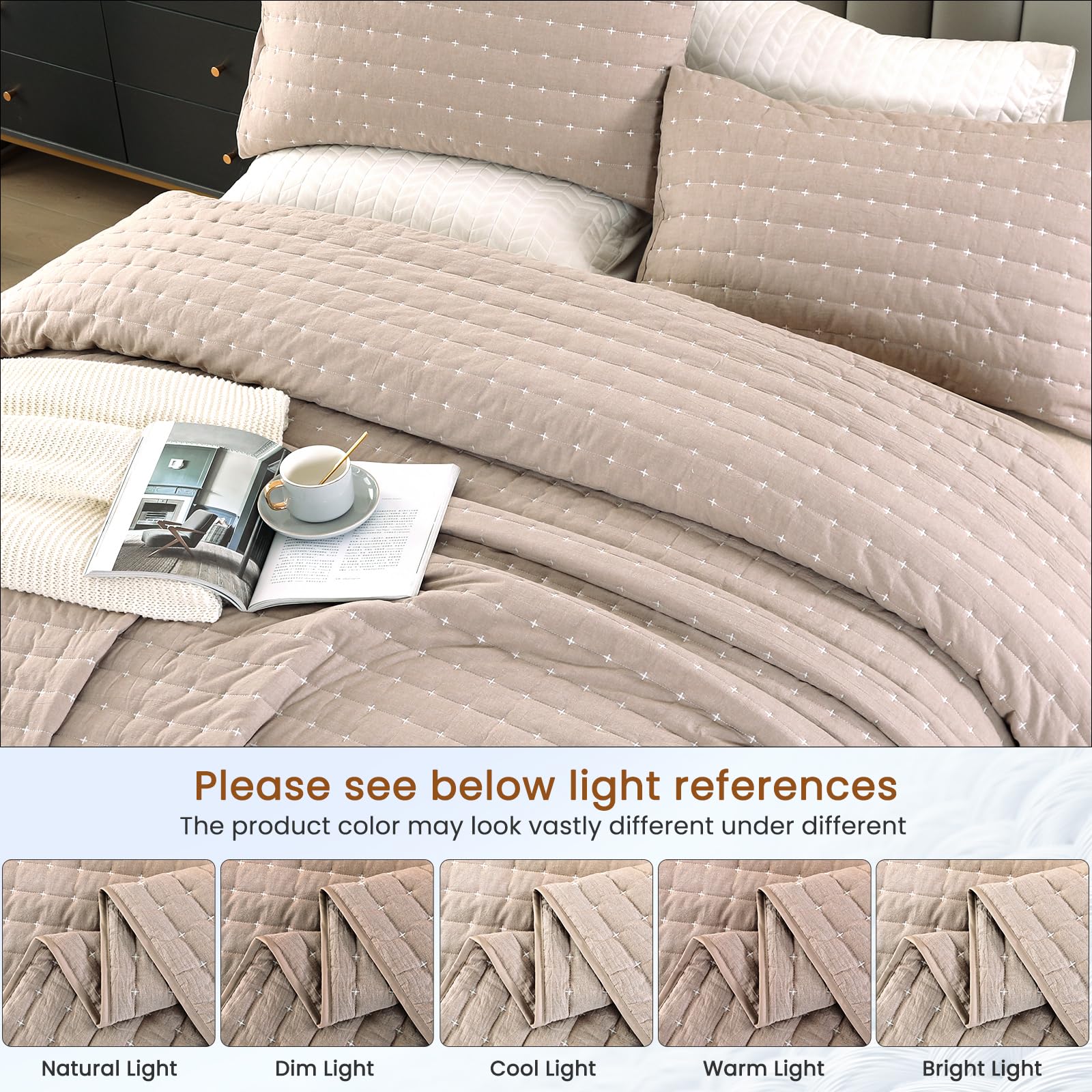 Qucover Colchas Acolchadas Cama 150 Súper Suaves y Cómodas de Algodón Lavado con Patrón Moderno de Punto de Cruz, 3 Piezas Cubrecama de Verano con Fundas de Almohada (Caquí, Cama 150)