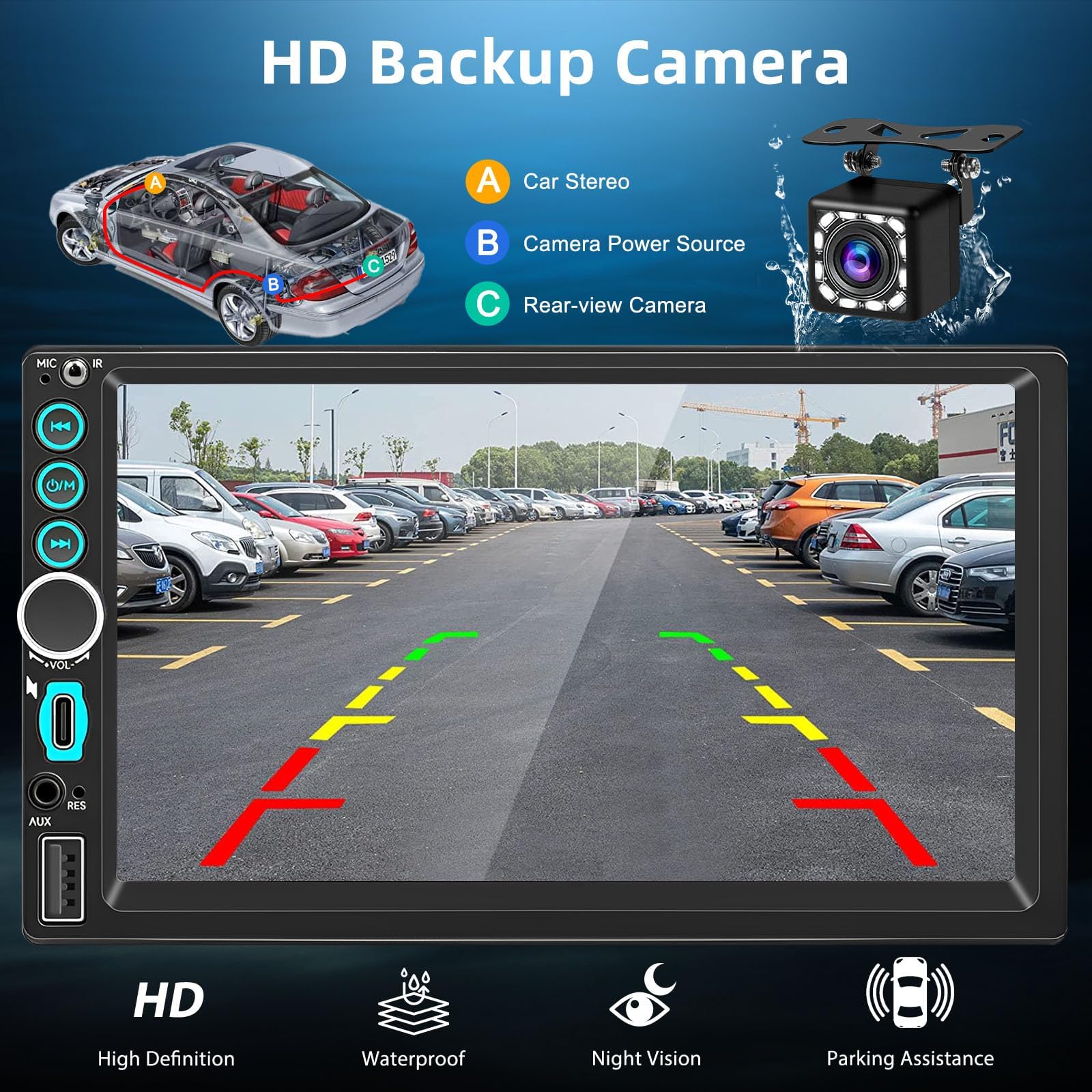 Autoradio 2 DIN Bluetooth avec CarPlay & Android Auto sans Fil, Double Din 7 Pouces HD Écran Tactile, FM Radio, Miroir Link, Caméra de Recul, EQ, Type-C, USB, SWC, Navigation GPS, Contrôle Vocal