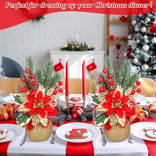 Miniatura 10 de Flores de Pascua artificiales de Navidad, flores de Navidad florales rojas, piñas y bayas de acebo, arreglos florales de seda en maceta decorativa,