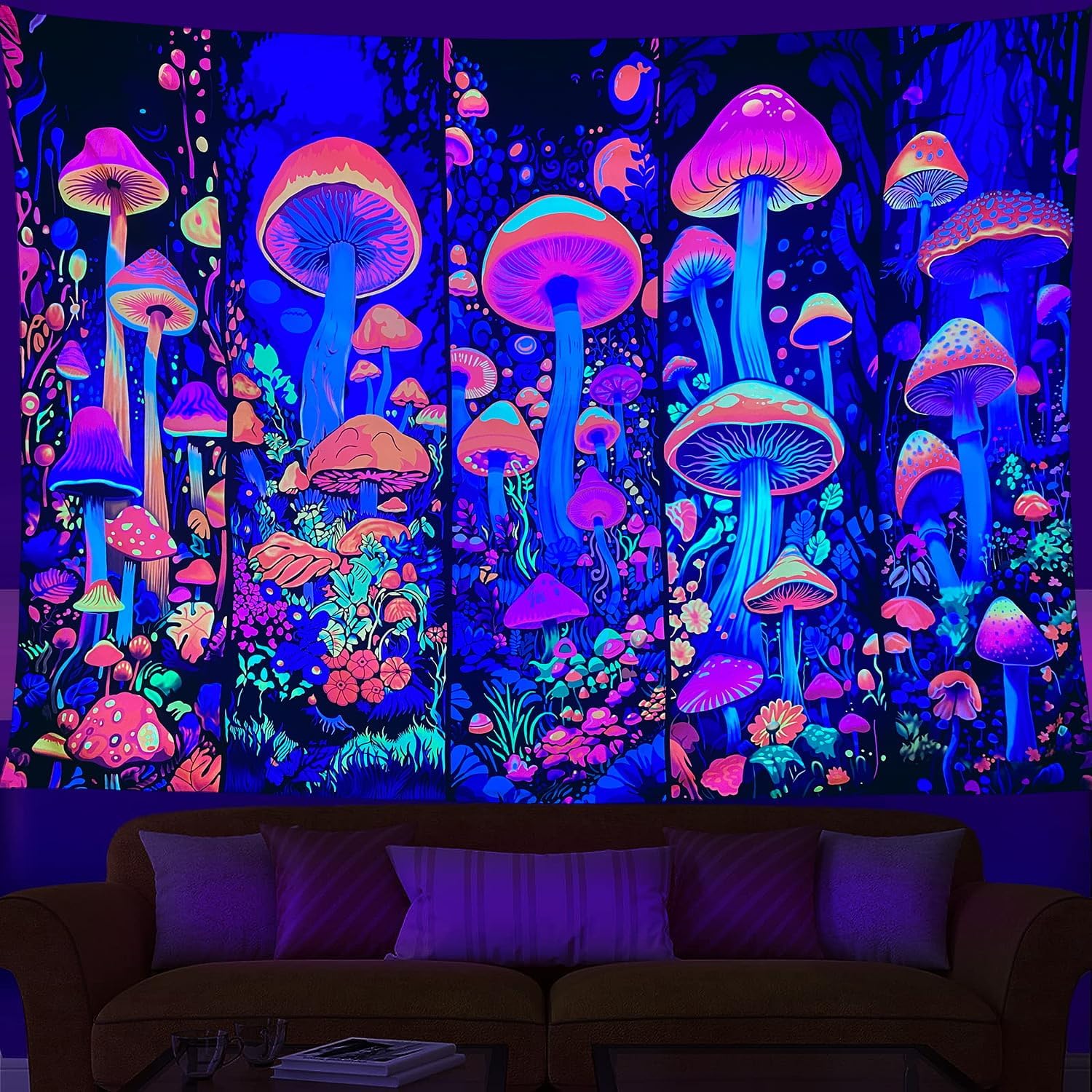 Blacklight Mushroom Tapestry Flower Plant Wall Hanging, UV Reactive Tapestries Glow in The Dark Tapestry, Hippie Wall Hanging for Bedroom Trippy Room Decor (70" x 90")