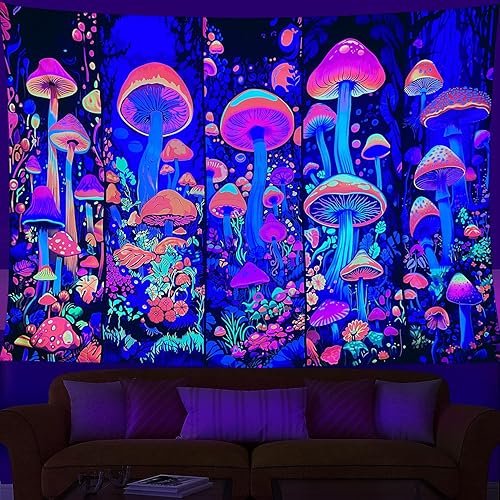 Miniatura 9 de Tapiz de Hongos con Luz Negra de Flores y Plantas para Colgar en la Pared, Tapices Reactivos a los Rayos UV que Brillan en la Oscuridad, Tapiz Seta