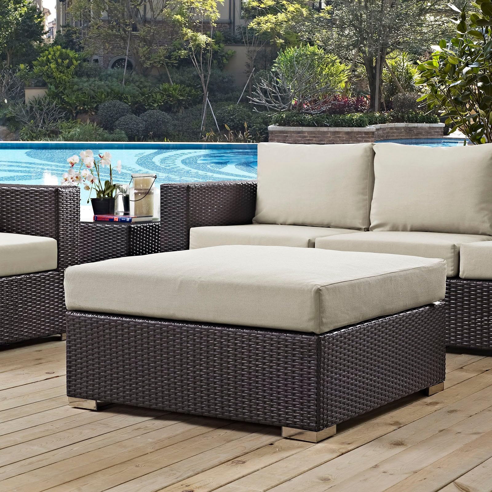 COSTWAY Wicker Rattan Outdoor Patio Square Ottoman with Waterproof Cushion for Garden Backyard Lawn (Drak Brown and Cream)-image-24