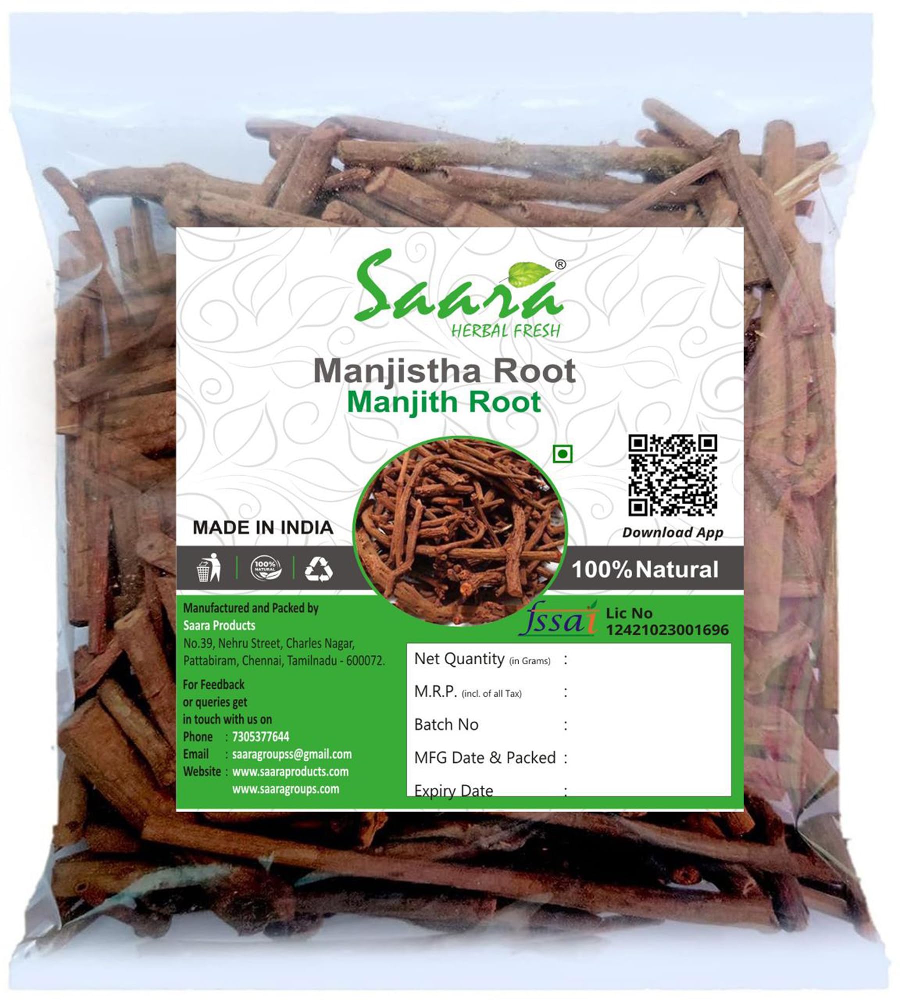 SAARA Manjistha Root, 50g, Manjistha Root, Rubia Cordifolia, Tamravalli Manjistha, Majeeth Root, (pack of 1 x 50g) (B098L3BM78) Amazon Price History, Amazon Price Tracker