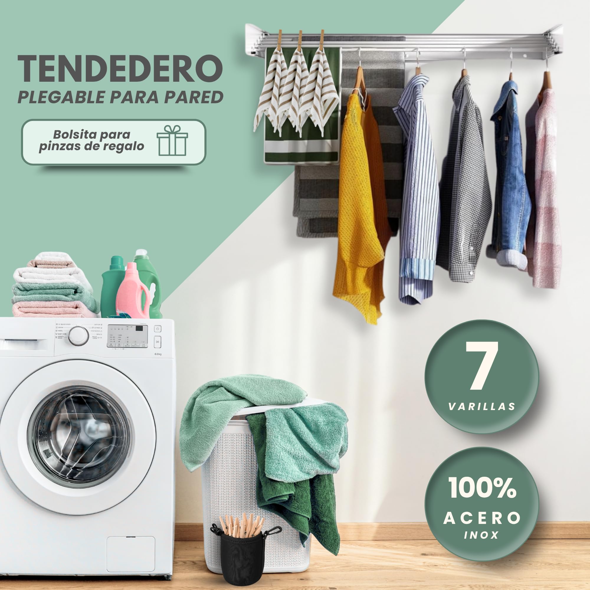 maname Tendedero Extensible Pared. 120 Cm, ANTIOXIDO Retractil Abatible Tendedero Plegable para Interior Y Exterior, Colgador Ropa Pared. Soporta 45kg De Carga. Retractable Clothes Drying Rack