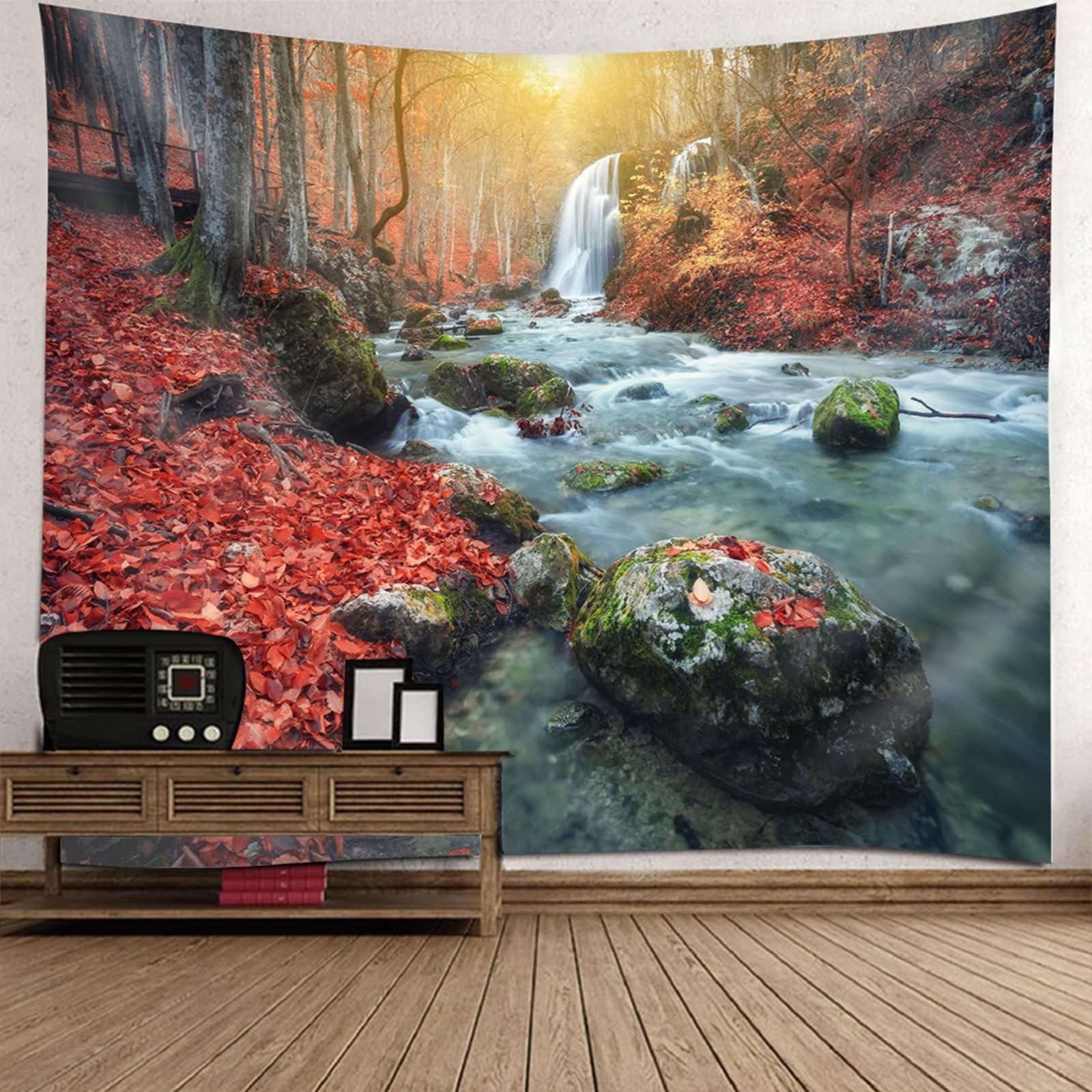 Skcess Wandteppich Rot Braun Weiß, Polyester Tapestrie Herbstthema Wald Und Flüsse Tapisserie für Wohnzimmer Schlafzimmer Wanddeko Wandteppich 350x256CM