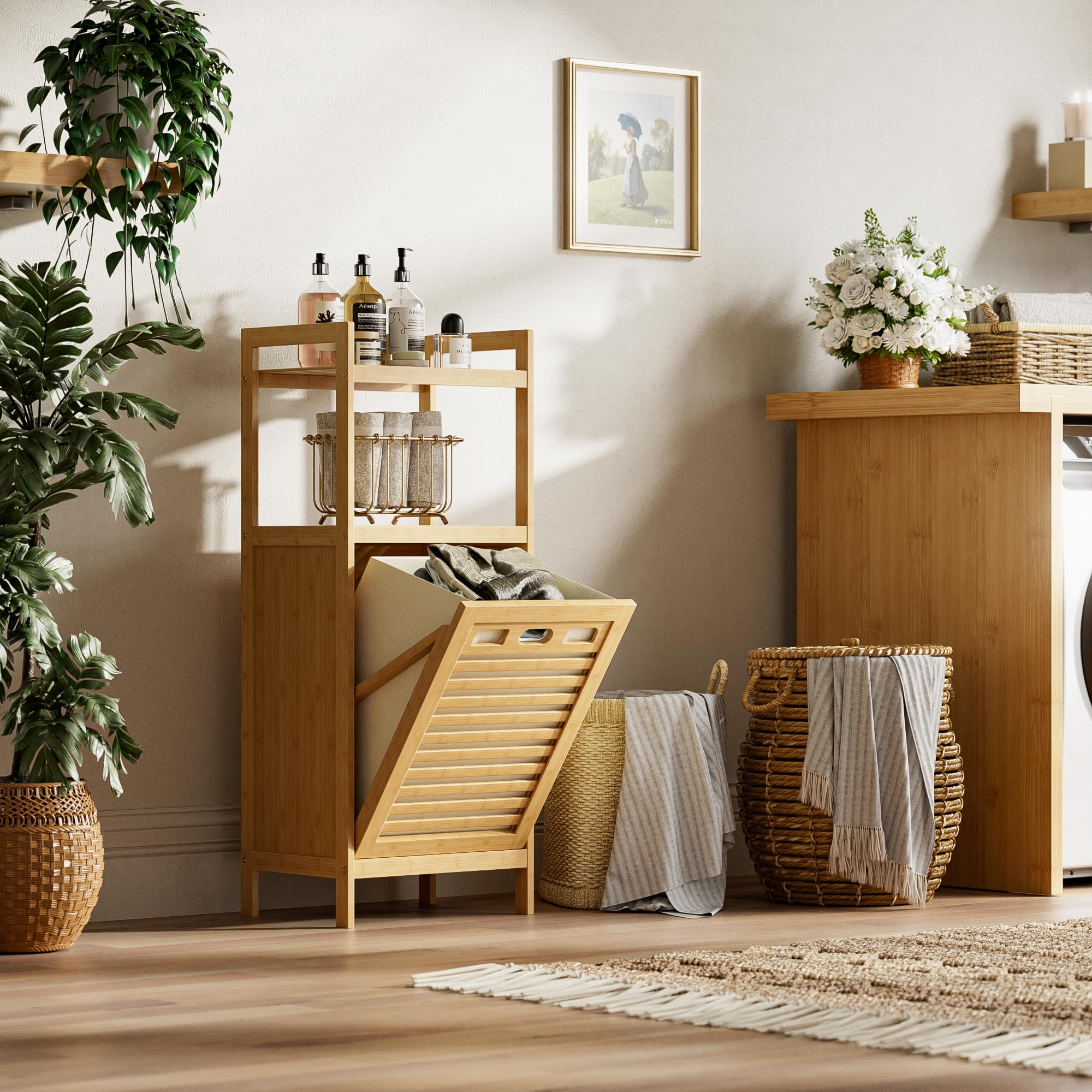 HITNET Mueble Ropa Sucia, Armario de Baño con 1 Cesta de Ropa Sucia y 2 estantes Abiertos, 40L Bolsa Interior Extraíble con Asas para Sala de Estar y Dormitorio, Natural