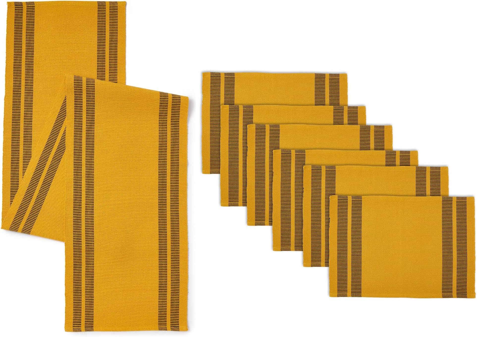 Encasa XO Table Runner and Placemats Set 6 | Fine Ribbed Cotton | Ladder Yellow | 1 Table Runner Size 32x183 cm & Each Table Mat Size 48x32 cm