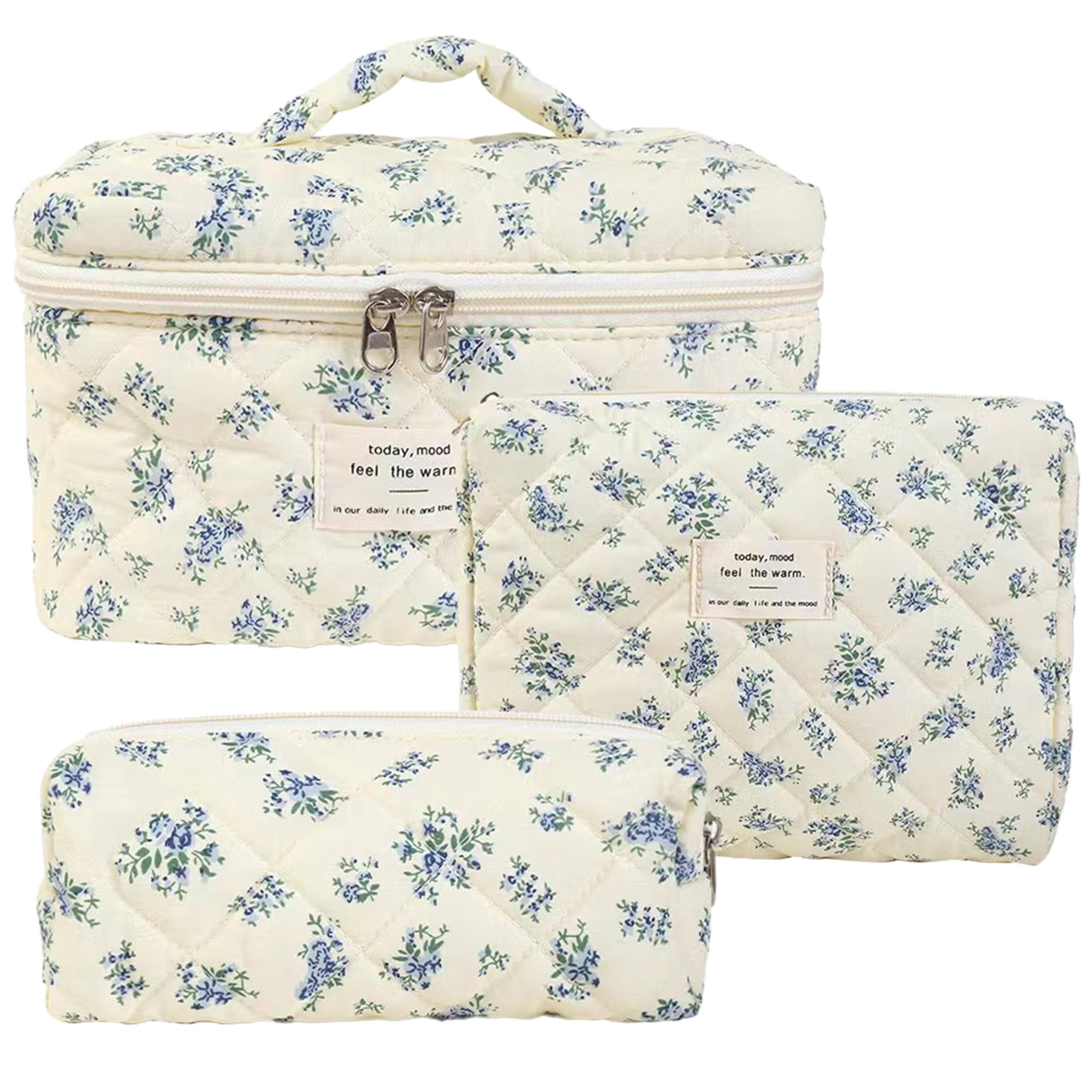 GoaePode Reise Kosmetiktasche Set Damen, 3 Stück Verschiedene Größen Blumen Aesthetic Make up Bag aus Baumwolle, Gesteppte Kulturtasche Beauty Case Schminktasche Travel Essentials, Blue Gourd