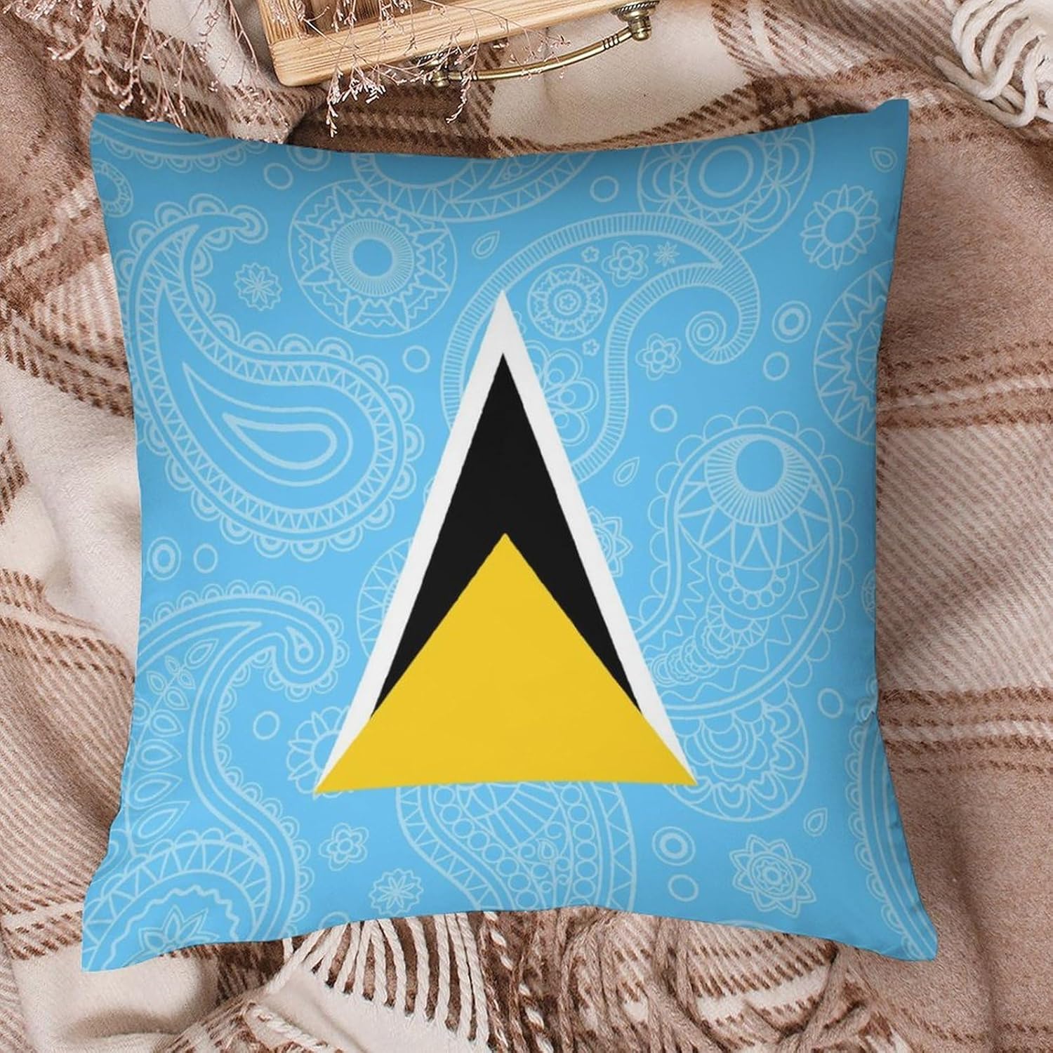 Saint Lucia Flag Paisley Pattern Printed Throw Pillow Case 4 Pcs Soft Pillowcases Pillows Covers Sofa Bed Decor 12/14/16/17/18/20/22/24/32 Inches