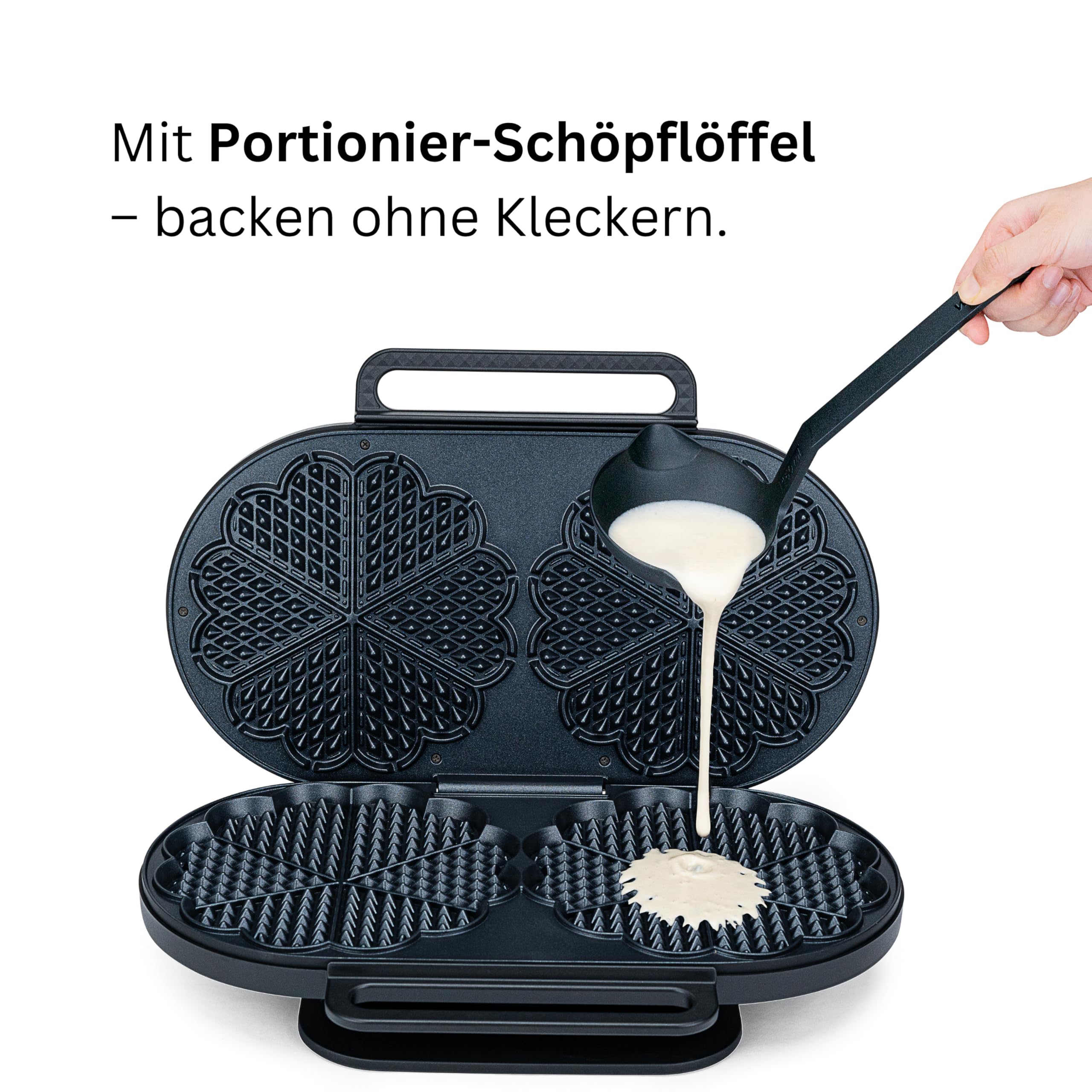 Wilfa GRAND DOUBLE Waffeleisen I 2 x 22cm große Waffeln I mit 6 Herzen I doppelte Antihaft-Beschichtung I inklusive Teig-Kelle I Doppel-Waffeleisen (schwarz)