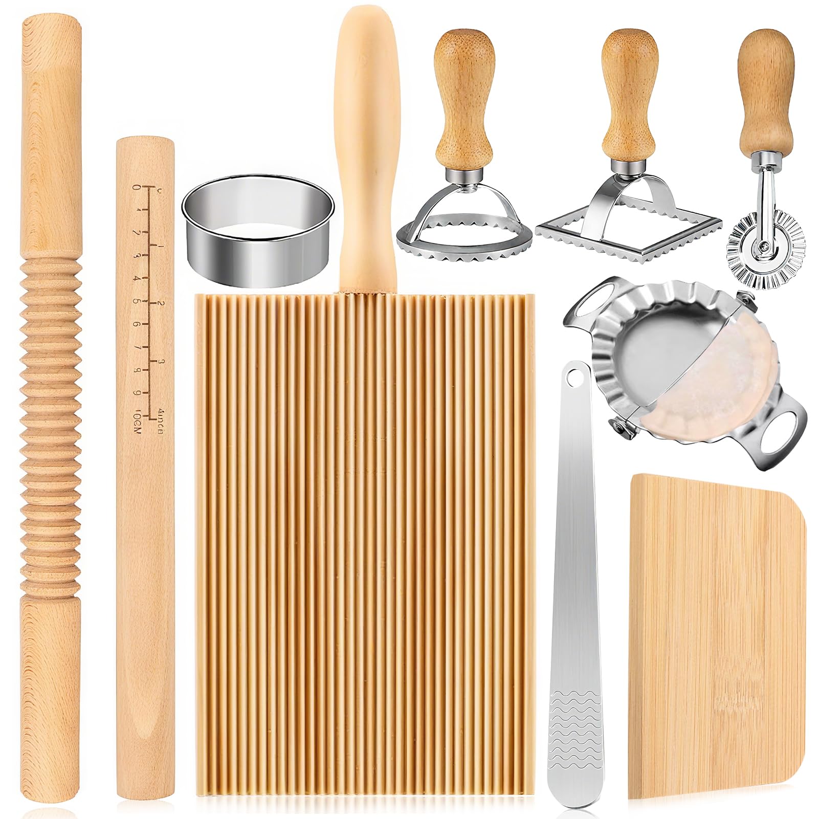 10 Pcs Pasta Making Tools Kit Include Gnocchi Board Wooden Rolling Pin Dough Scraper Ravioli Stamp Cutters Dumpling and Pasta Maker Ravioli Mold Set for Baking Lovers and Kitchen DIY Gift