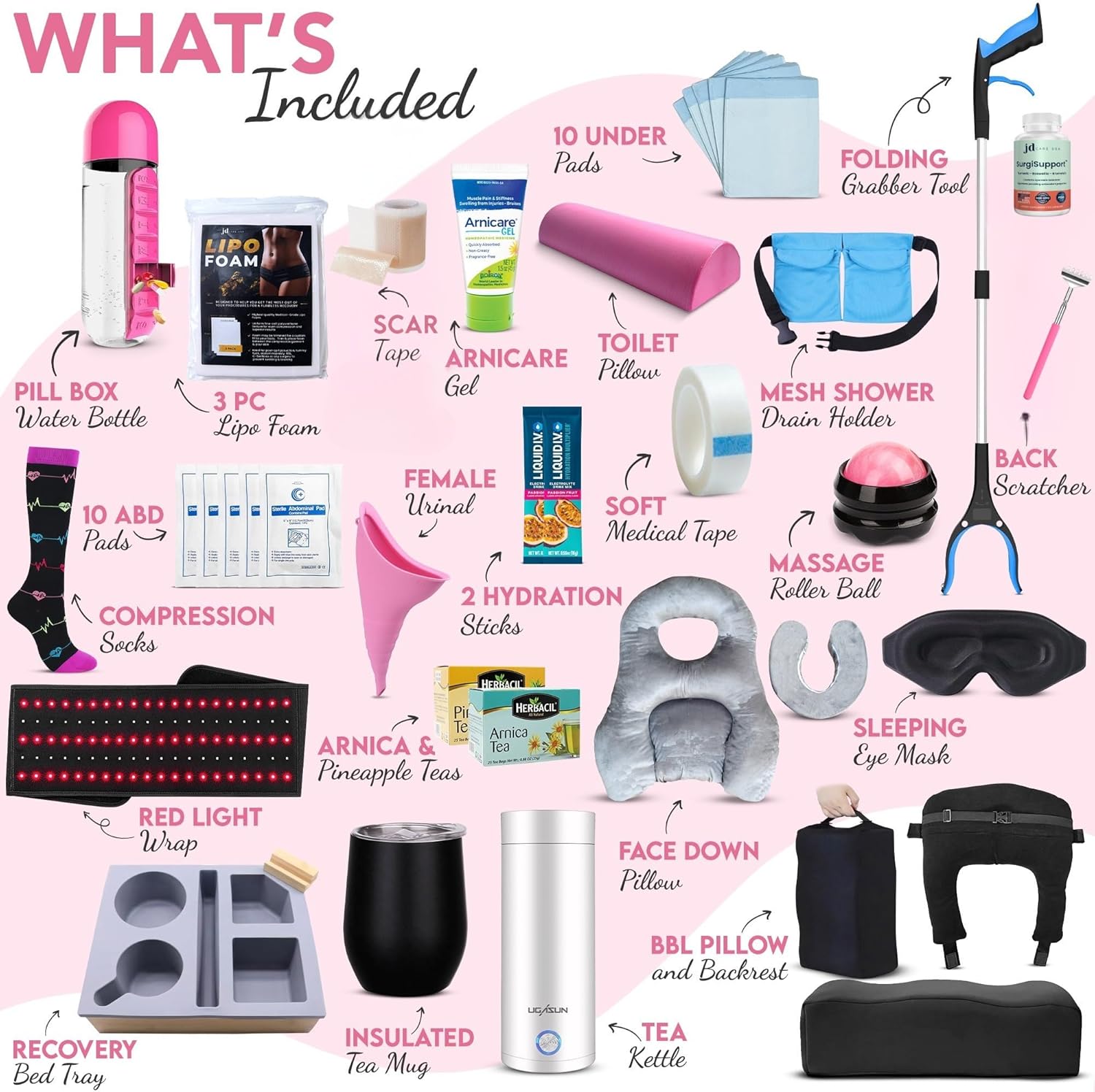 Ultimate BBL Surgery Supplies Kit with SurgiSupport - Red Light Therapy Wrap, BBL Face Down Pillow (52 Piece Set) – Premium Post BBL Recovery Package for Comfort and Scar Care