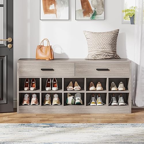 Tribesigns Banco de almacenamiento de zapatos con 2 cajones, banco de zapatos gris para entrada, organizador de zapatos de madera, banco de zapatos