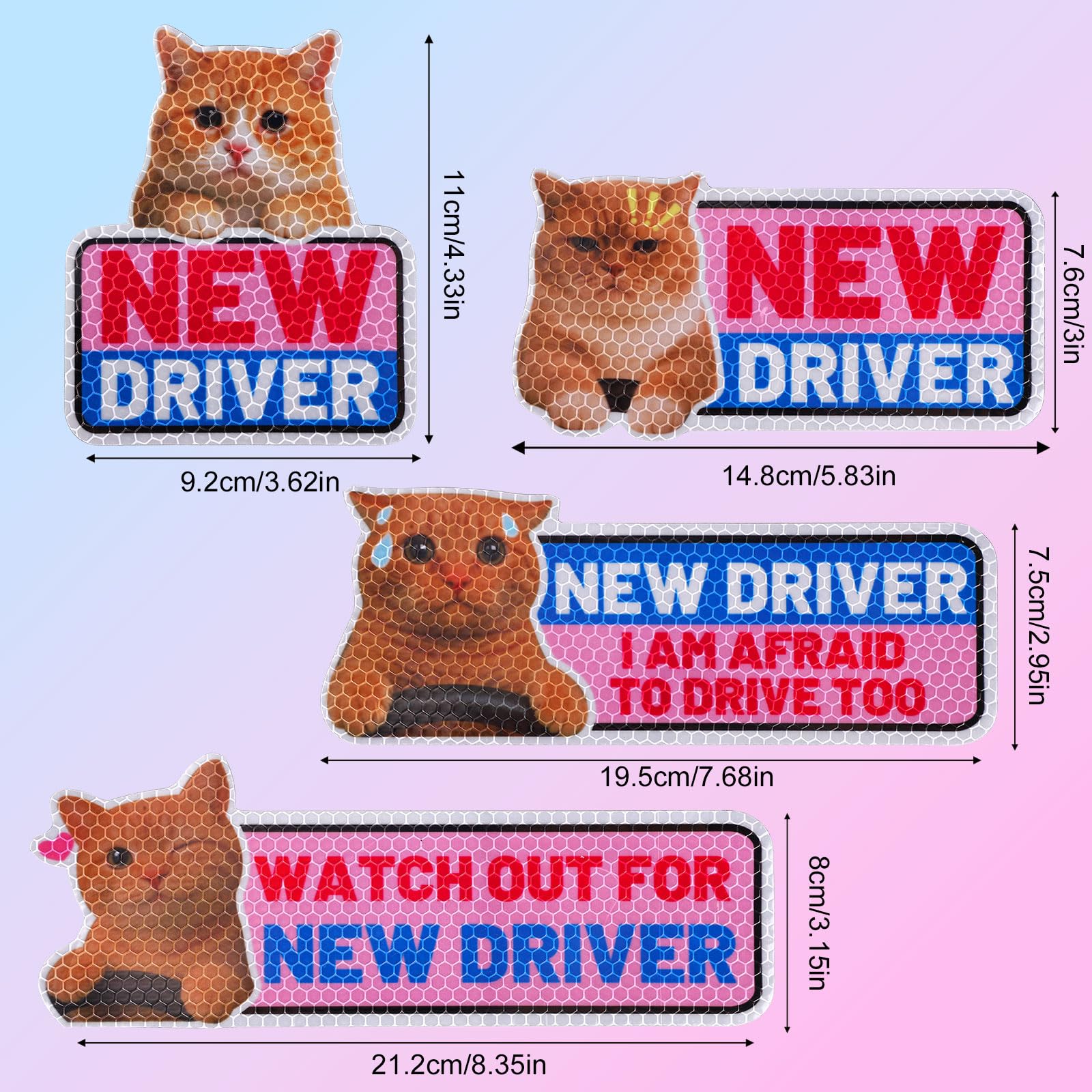 4pz Magneti Auto Gatto Divertente New Driver, Cartelli Riflettenti Studente Nervoso Gatto Carino Adesivi Magnetici Paraurti Riutilizzabili Avviso Sicurezza per Regali Principiante Neopatentato