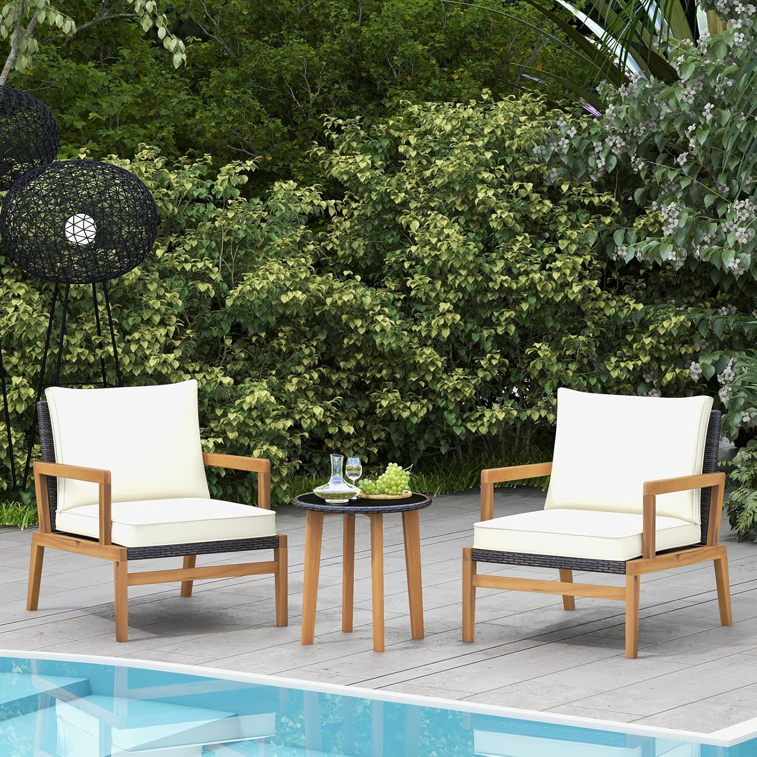 Tangkula 3 Piece Patio Chair Set, Wicker Chair & Side Table Set with Soft Cushions & Tempered Glass Tabletop, Solid Wood Support, Outdoor Rattan Furniture Set for Porch, Backyard, Poolside
