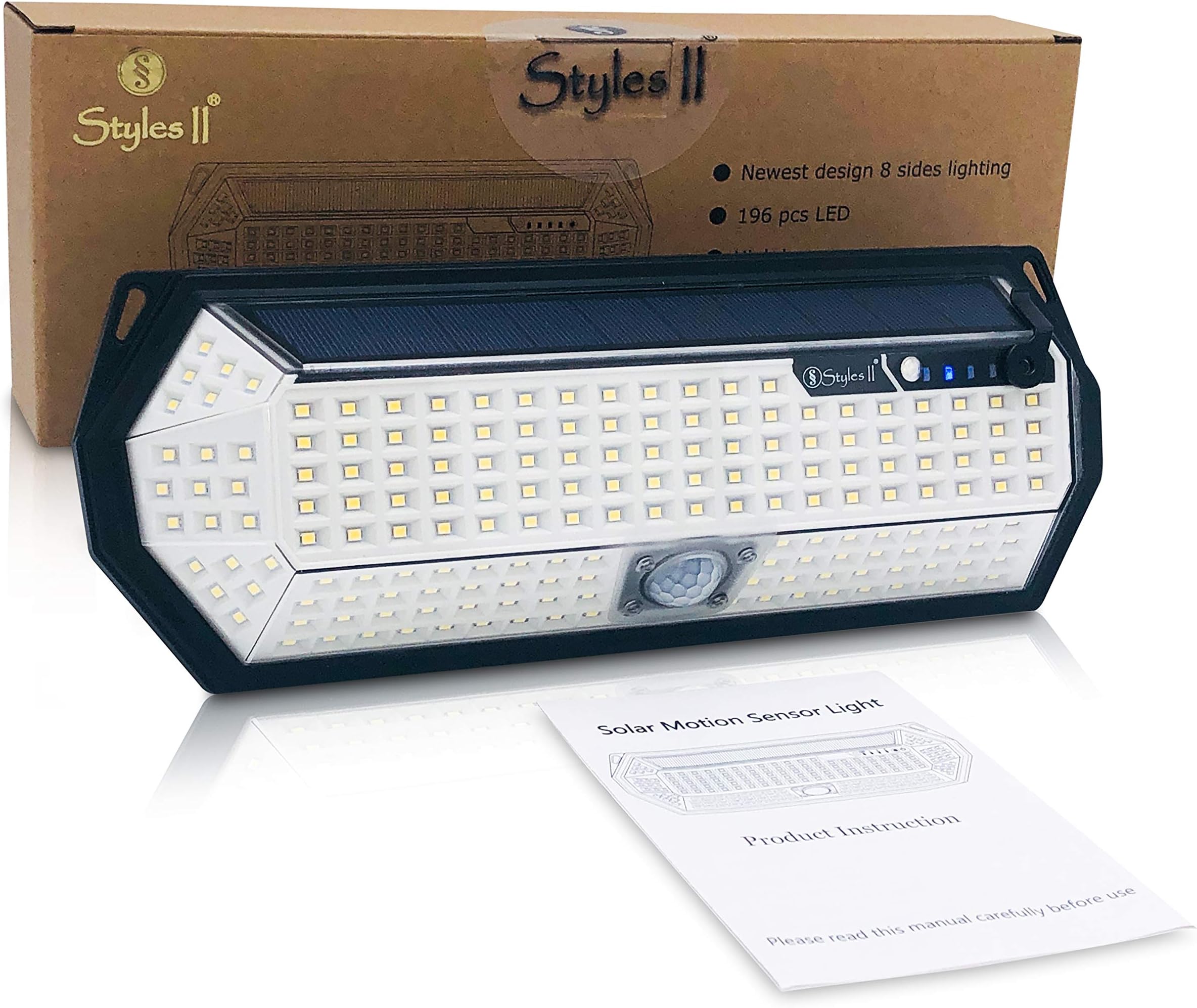 Styles II Super Bright 196 LED Solar Motion Sensor Outdoor Light for Front Door, Backyard, Patio, Garden, Driveway - Wide Angle Reach with 21 LEDs on Both Side - Solar Powered Security Light