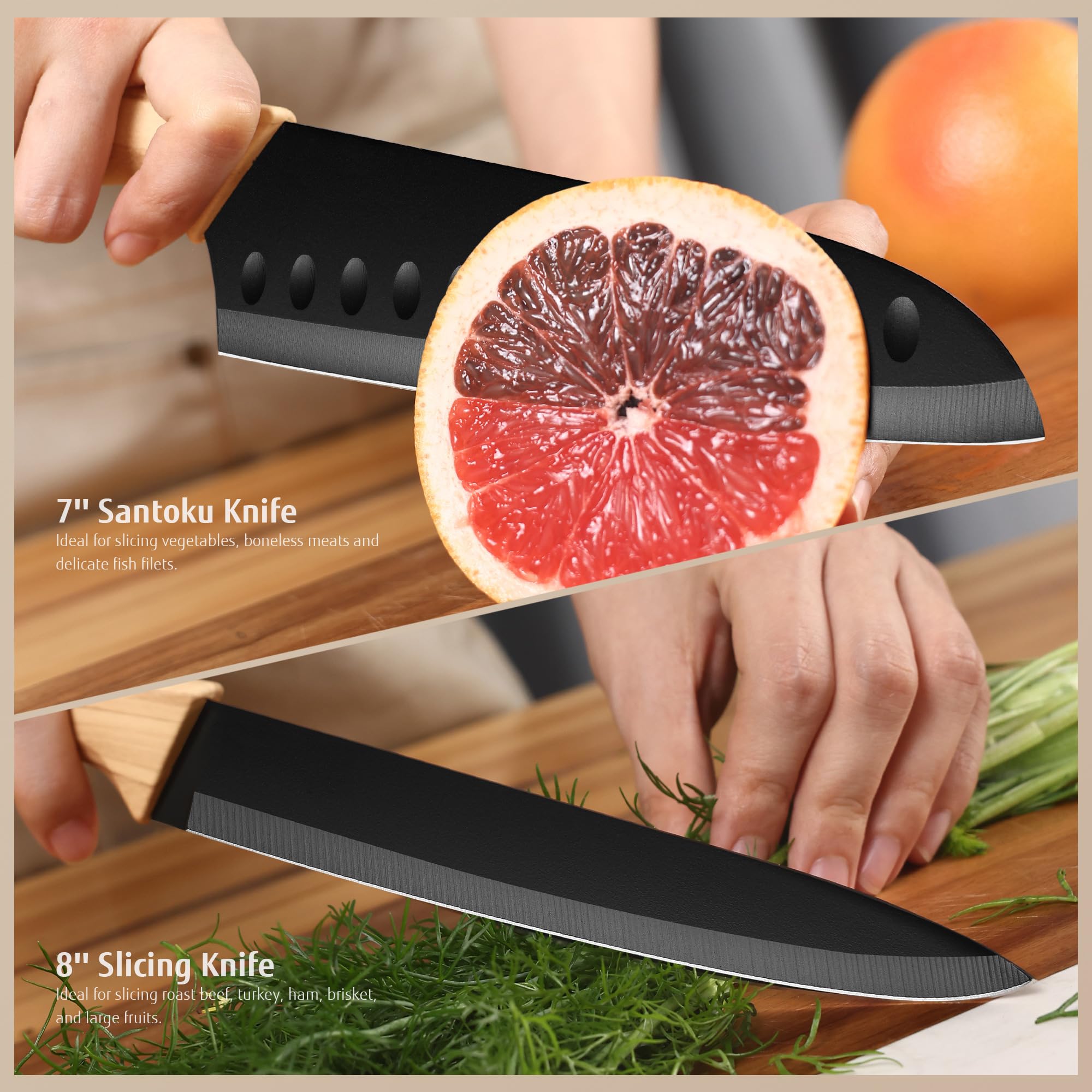 hecef Set Coltelli Cucina 6 Pezzi con Fodero, Acciaio Inox Ultra Affilati, Manico Effetto Legno D’Olivo, Set Coltelli Chef Professionali per Casa & Professionale, Antiruggine