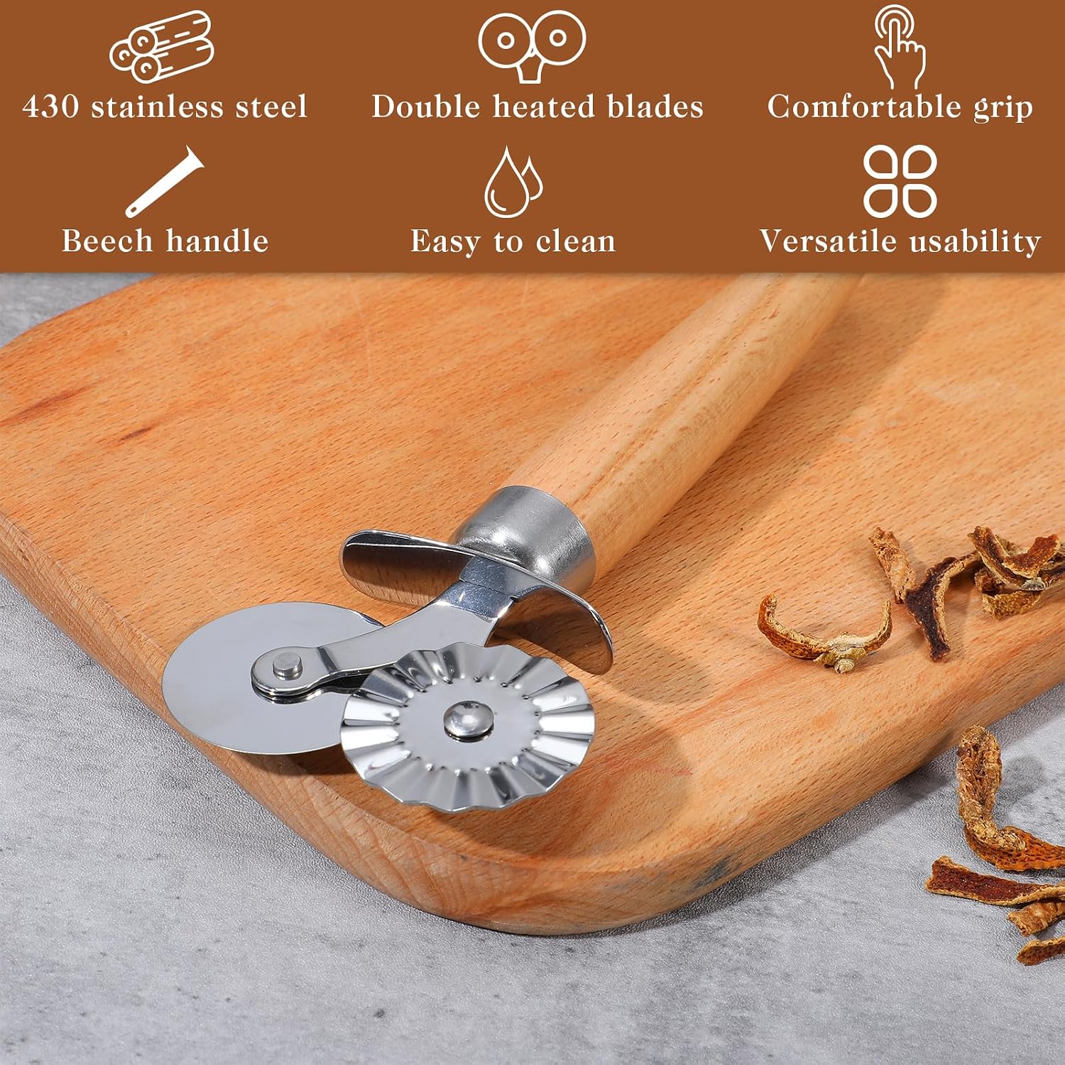 Double Wheel Pastry Cutter with Premium Wooden Handle, Stainless Steel Dual-Head Ravioli & Pasta Cutter for Pizza, Cookies, and Pasta, Multipurpose Baking Tool for Kitchen
