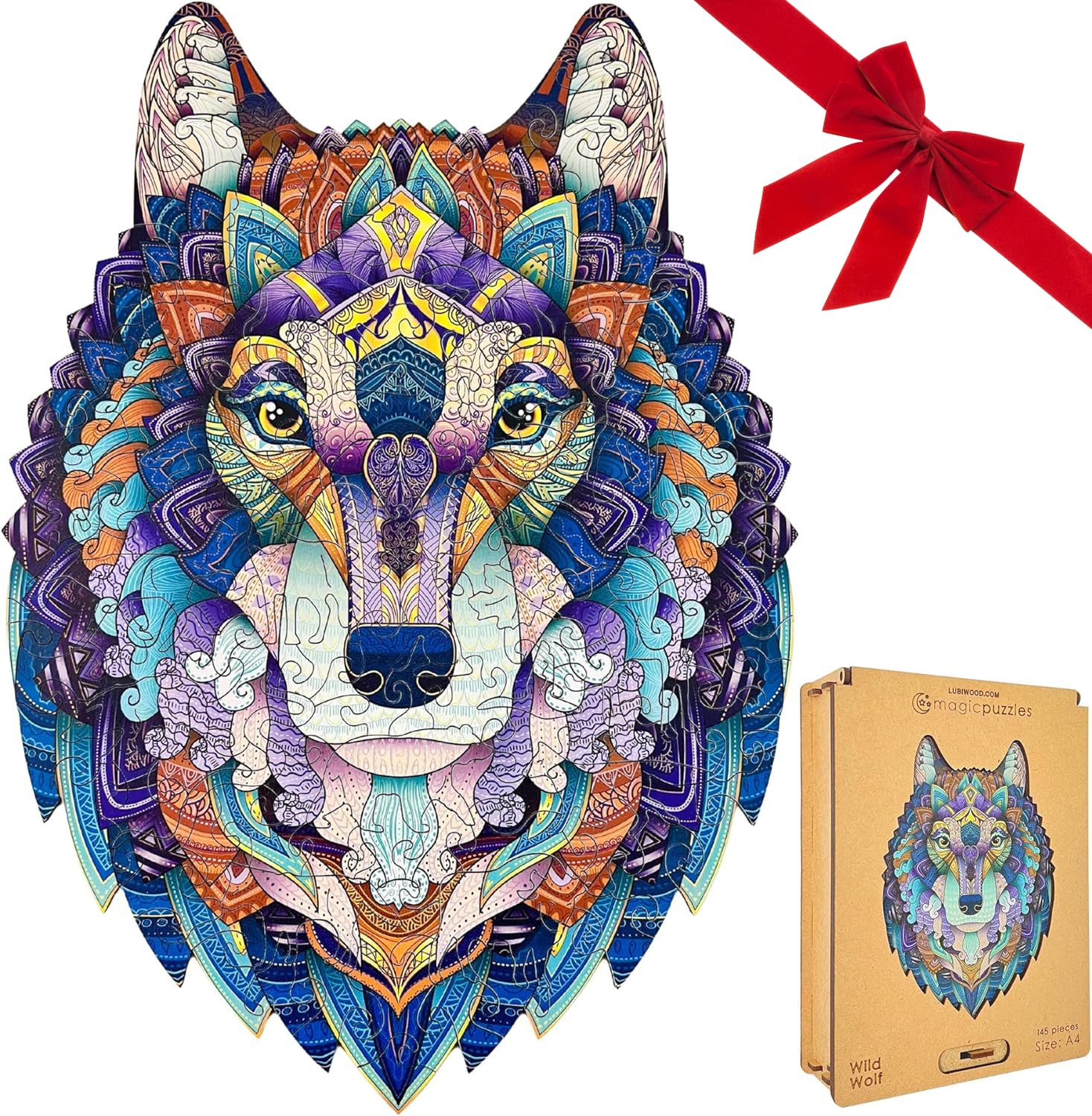 Lubiwood Wild Wolf Unique Shaped Animal Wood Puzzle (42x29 cm) - Enhances Cognitive Skills & Creativity - Comes with Wood Gift Box โ image 1