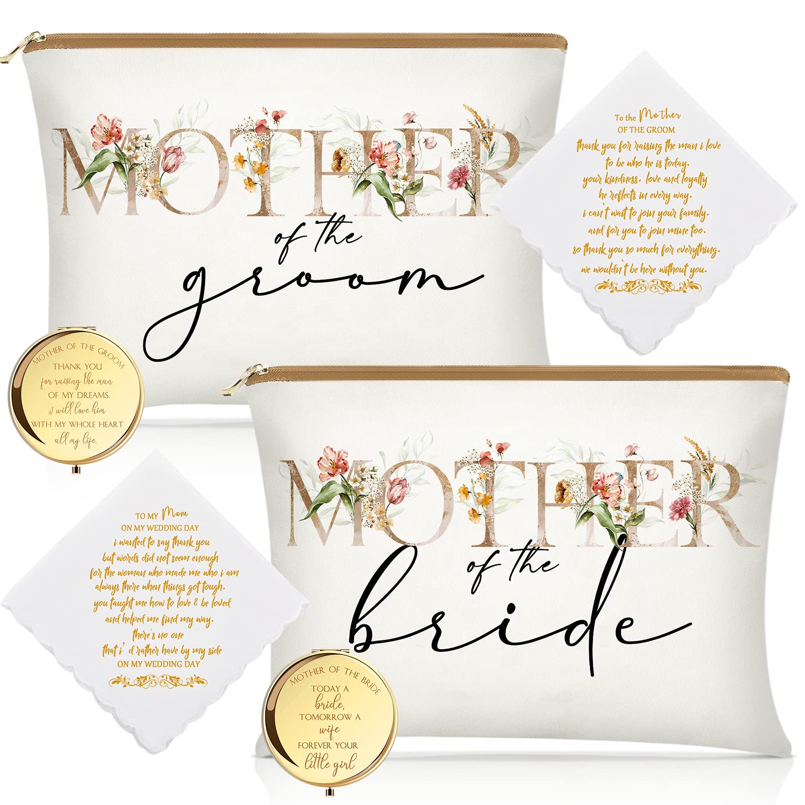 Coume6 Pack Mother of the Groom Mother of the Bride Cosmetic Bag Wedding Gifts Mother of Bride and Groom Makeup Mirror Mom Handkerchief for Mother and Mom in Law for Engagement Favor (Fresh Flowers)