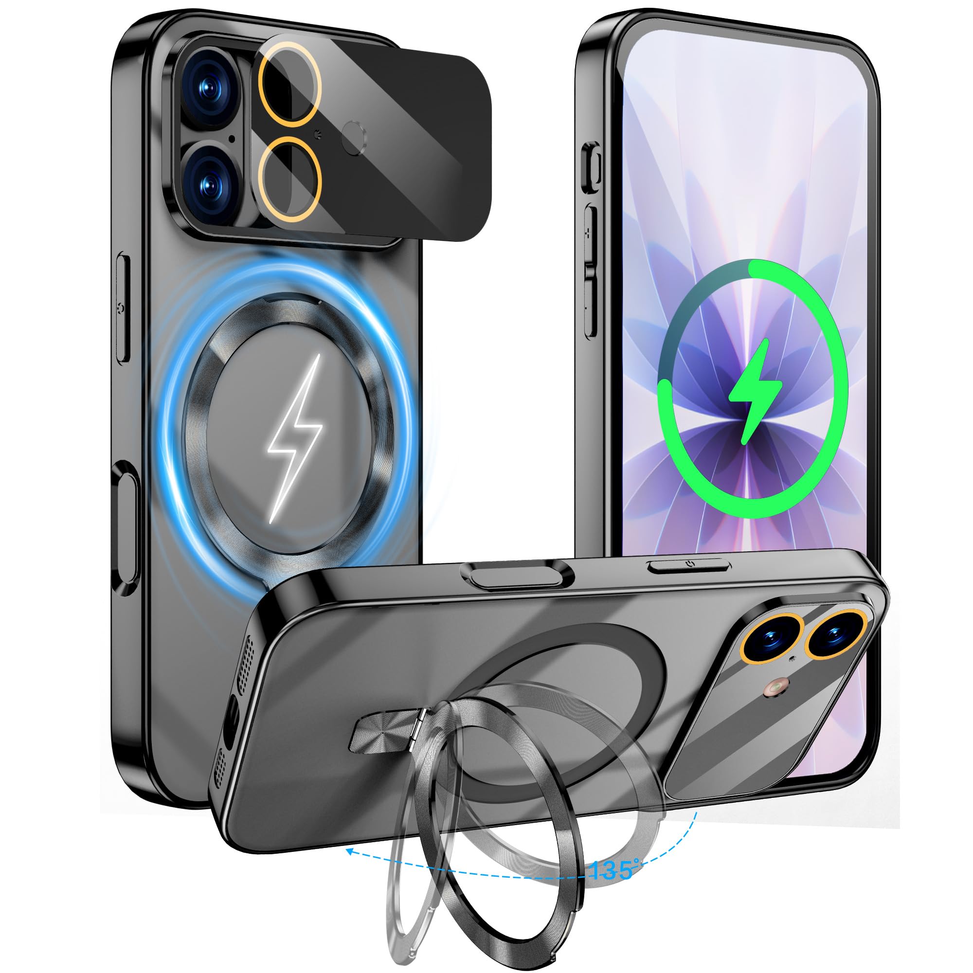 iPhone 17 ケース Magsafe対応 多機能一体 マグネット ワイヤレス充電 折り畳みスタンド カメラ全面保護 いphone 17 カバ 360°保護 米軍MIL規格 耐衝撃 CDリング おしゃれ 縦横両対応 ストラップ穴付き 防指紋 急速充電対応 軽量 黄変防止 (ブラック, iPhone 17)