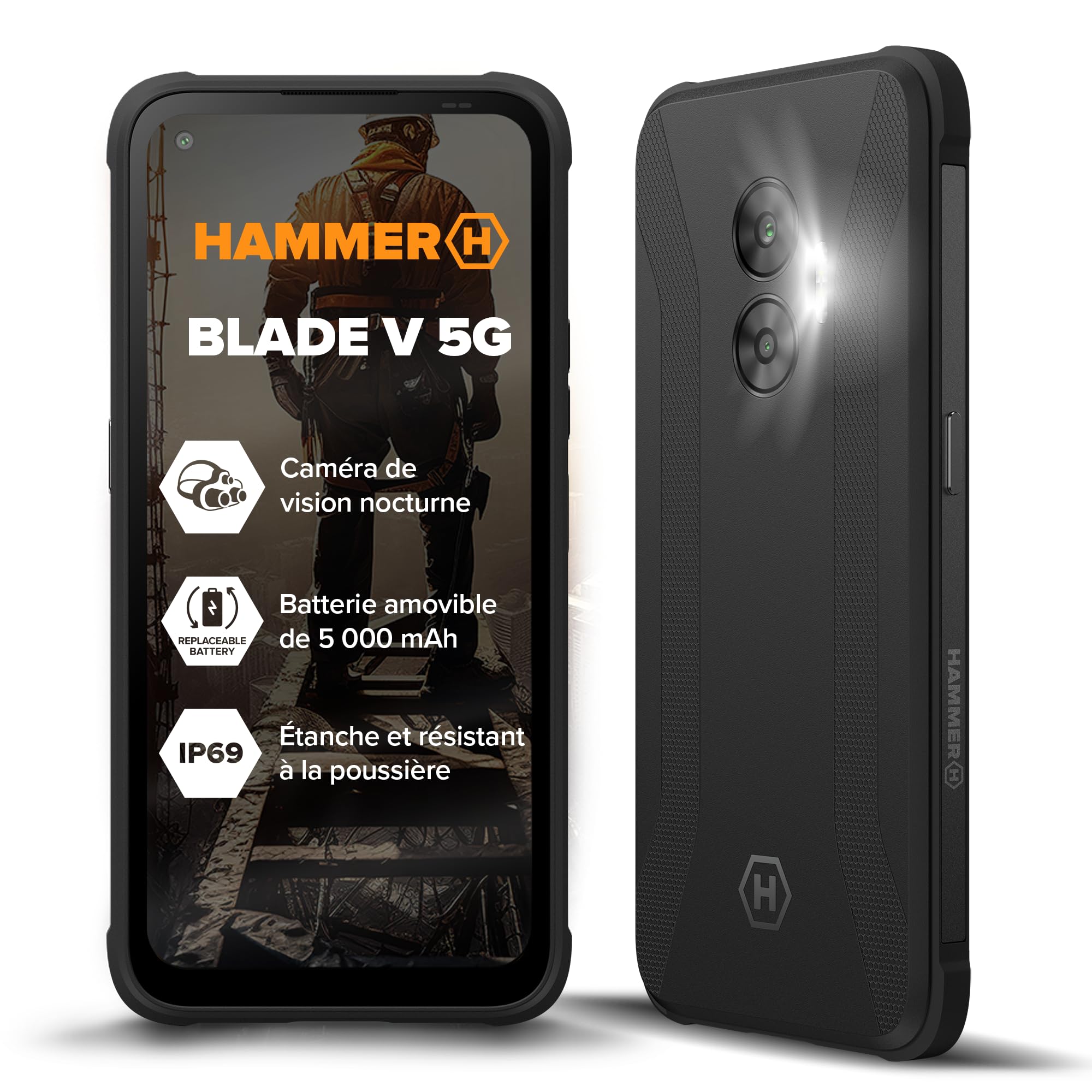Robuste Smartphone blindé Hammer Blade V 5G étanche Grande Batterie 5000mah eSim caméra IP69 50mpx écran Clair 6.59 HD+ Volte et VoWiFi Lecteur 256GB
