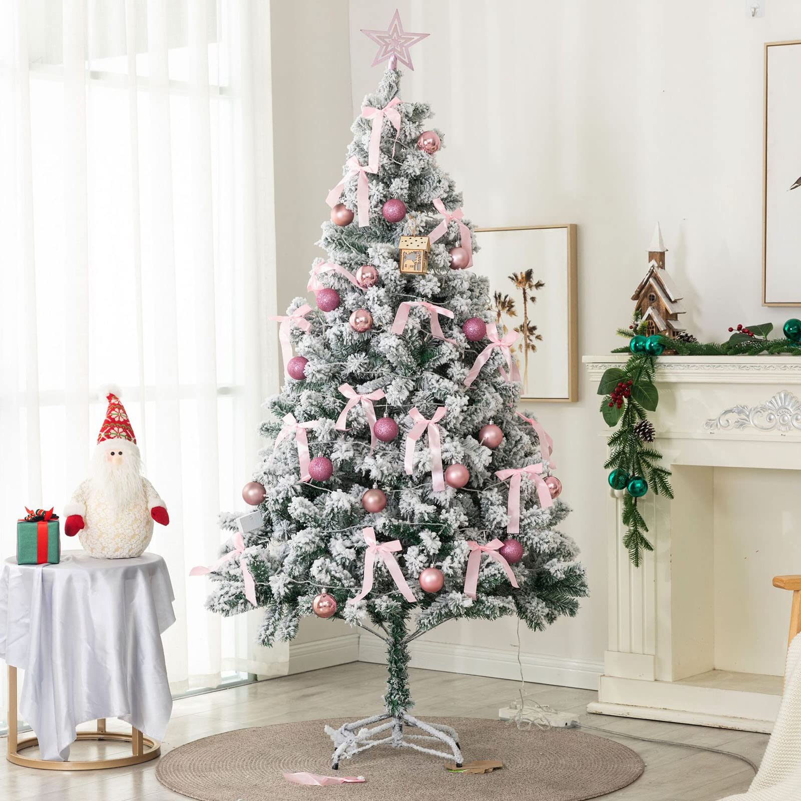 Sapin de Noël rose floqué 1m80 pour déco magique de salon