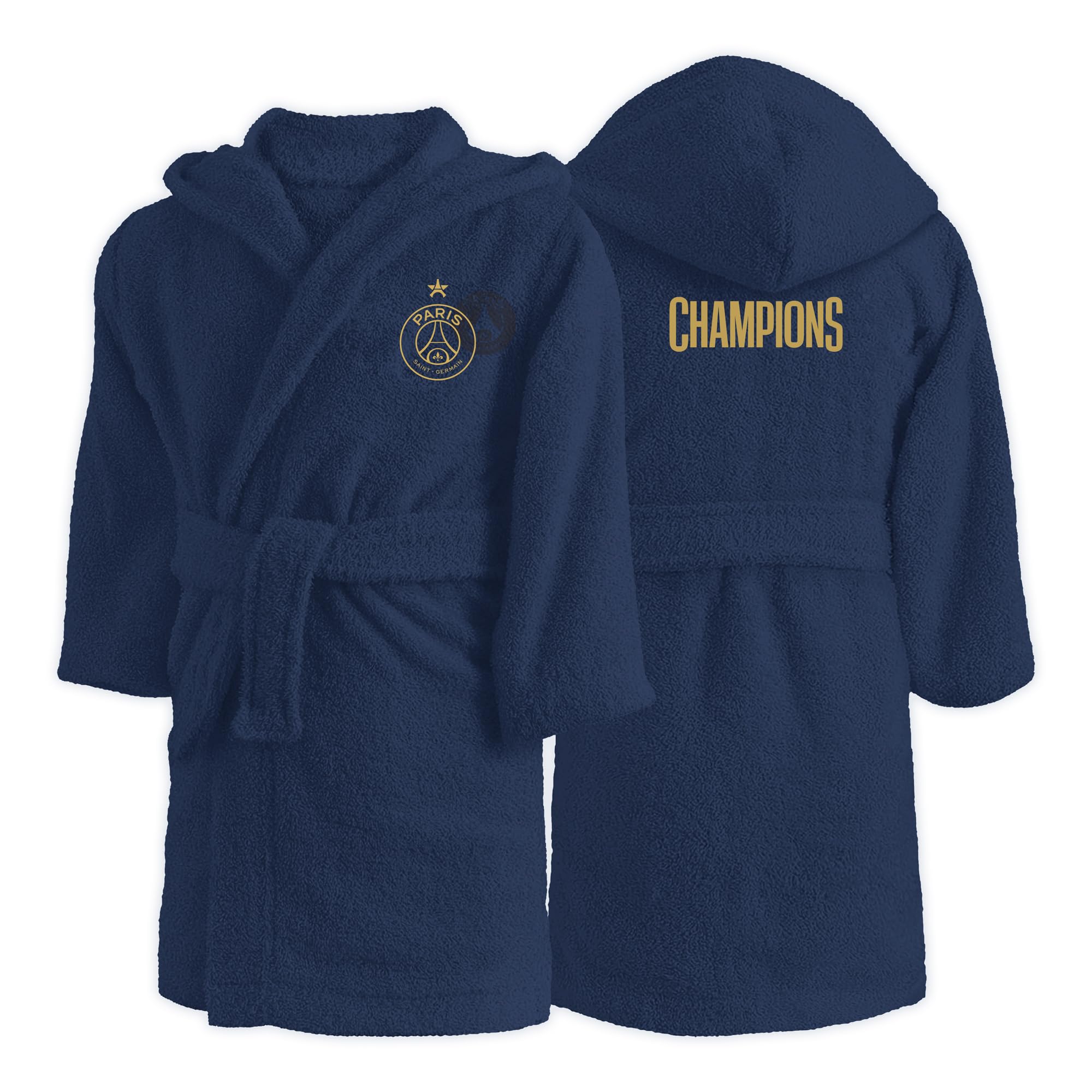 OMYDREAM PSG Vainqueurs Peignoir Enfant | 100% Coton Bouclette | Brodé Cœur & Dos | Avec Capuche | 1 Poche | Bleu