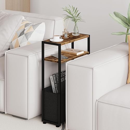 Miniatura 4 de Mesa auxiliar estrecha, mesas auxiliares delgadas con cesta de tela, mesa delgada para espacios pequeños, mesita de noche delgada para sala de