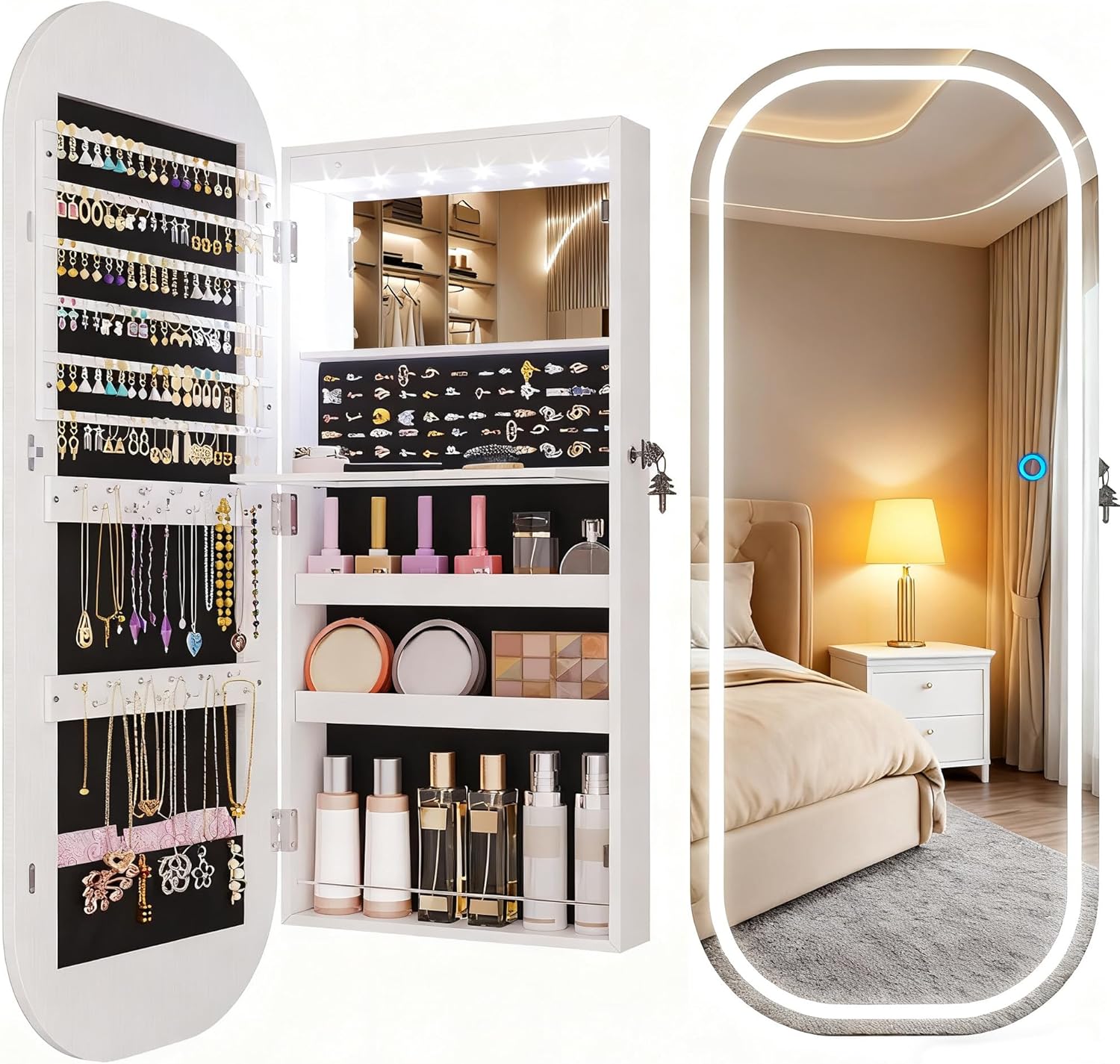 LVSOMT LED Mirror Jewelry Cabinet, Wall/Door Mount Jewelry Mirror Organizer, Rounded Full Length Mirror with Storage, Lockable Jewelry Armoire, 16" Wide, Foldable Shelf, Interior Mirror, White