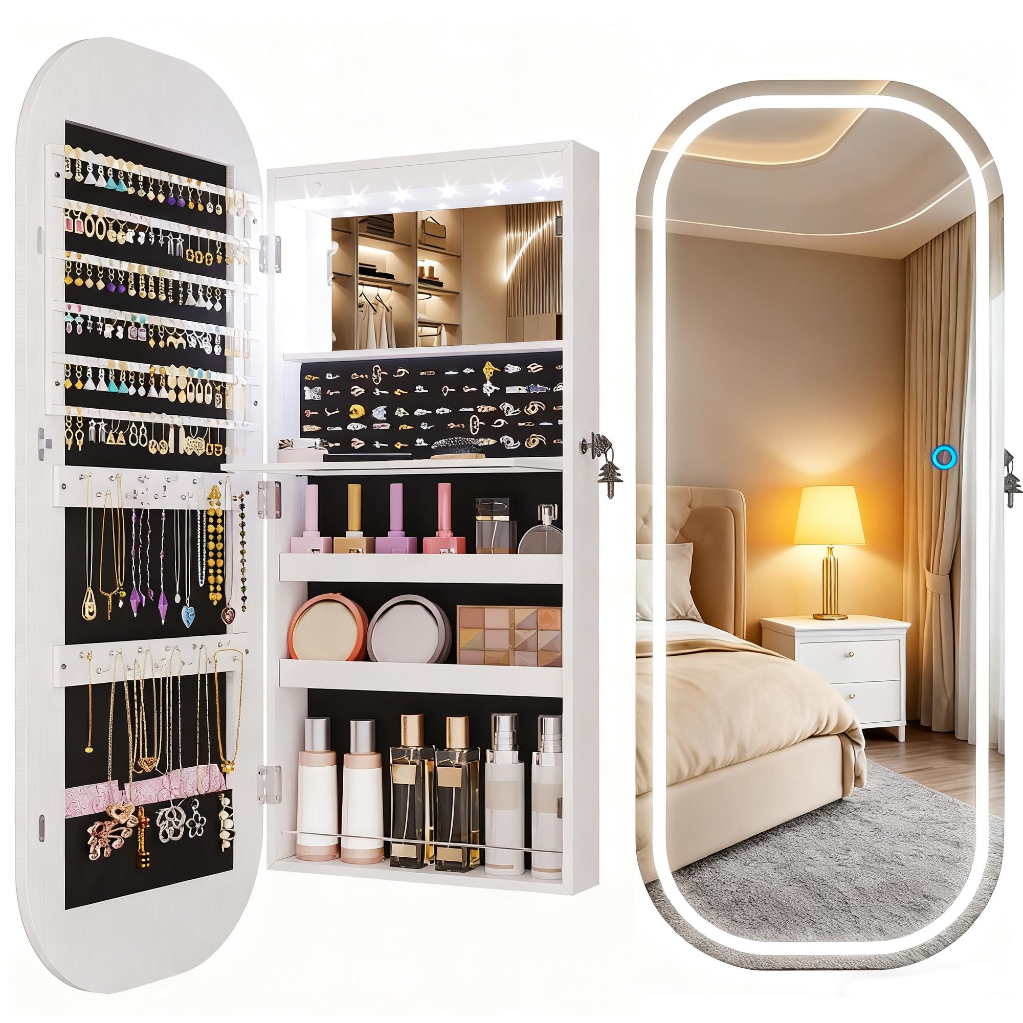 LVSOMT Espejo joyero de pared con Luz LED, Armario con Espejo Oval, Montado en puerta/pared, Espejos cuerpo entero, Blanco