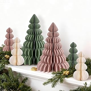 6PCS Paper Christmas Tree, Honeycomb Trees Table Centerpiece with Magnetic Closure, Sage Green and Dusty Pink Christmas Tree Decor for Mantel Xmas Tabletop Centerpiece