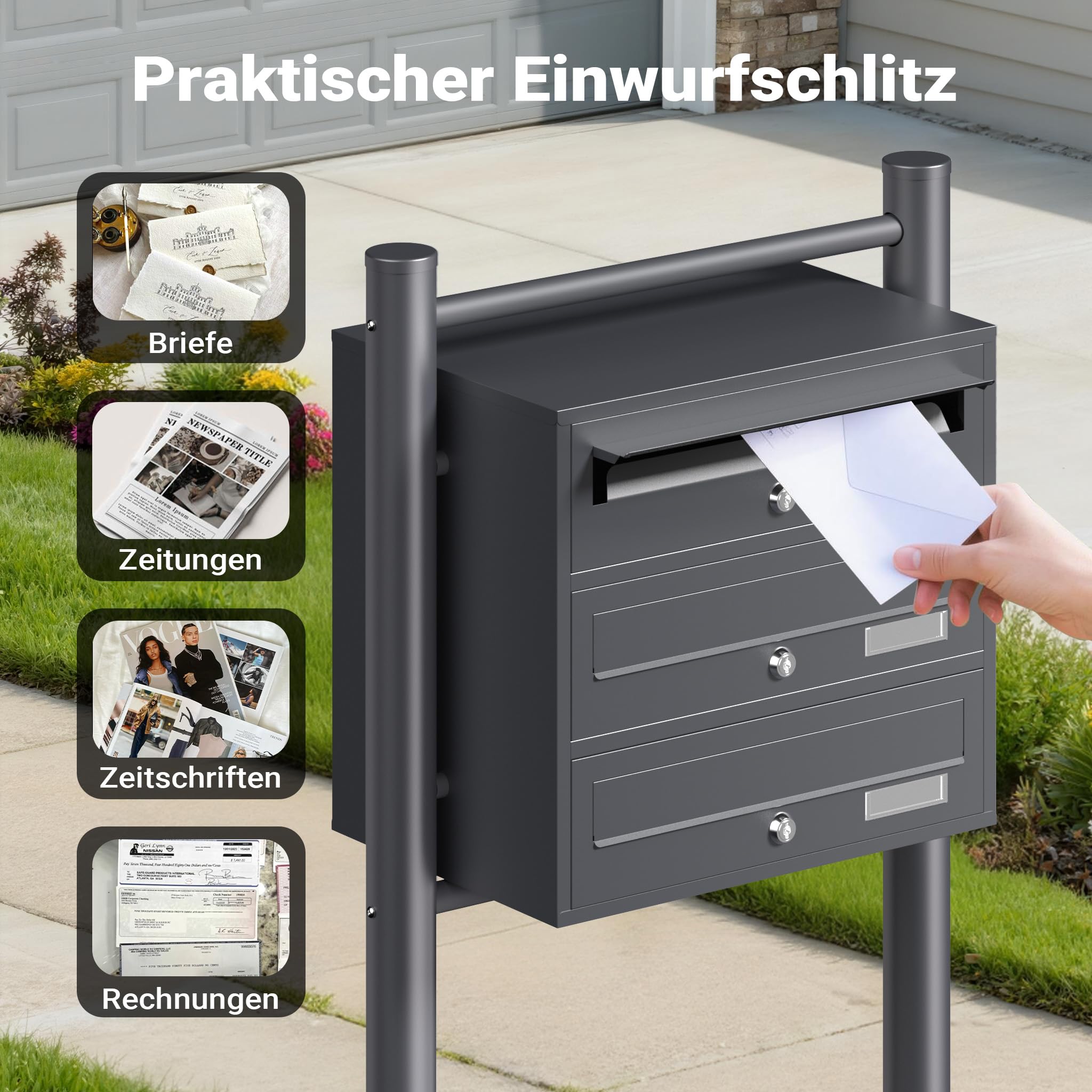 Wiltec 3er Briefkastenanlage Anthrazit 556 x 270 x 1200 mm, Standbriefkasten mit 3 Fächern, Schlüssel und Namensschild, Briefkasten Postkasten mit Ständer