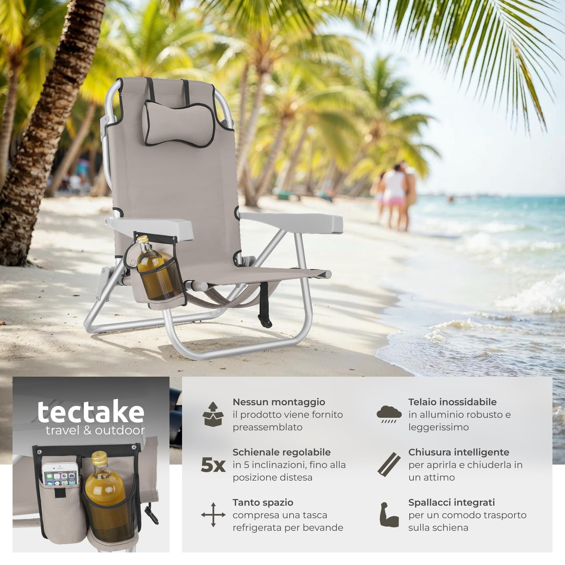 tectake® 2 Sedia da Spiaggia, Spiaggina Pieghevole Funzione Zaino, Sedie da Giardino, Telaio Alluminio, Sdraio Da Spiaggia, Schienale Regolabile, Sdraio pieghevole, Borsa Termica, Sedia Mare - Beige