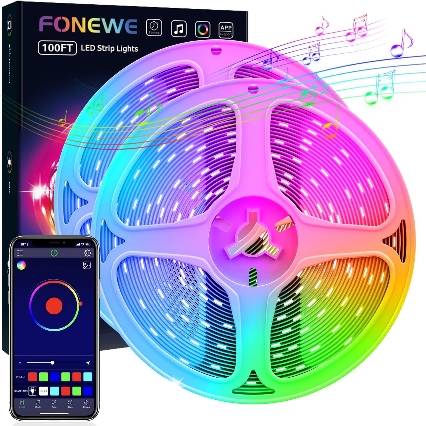 FONEWE Led Lights for Bedroom 100ft Music Sync Color Changing Led Strip Lights Led Light Strip with App Control RGB Led Lights for Party Home Decoration
