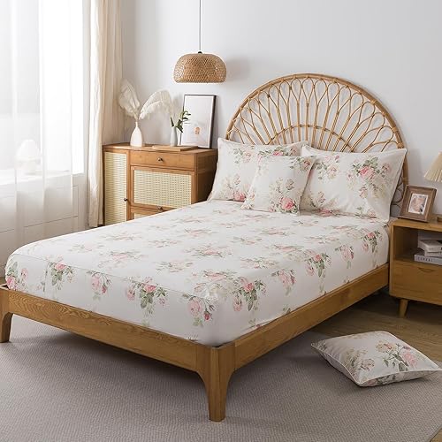 Miniatura 8 de FADFAY Juego de sábanas para cama de tamaño king 100% algodón, 4 piezas, estampado floral de rosas rosadas, ropa de cama impresa, sábanas suaves y