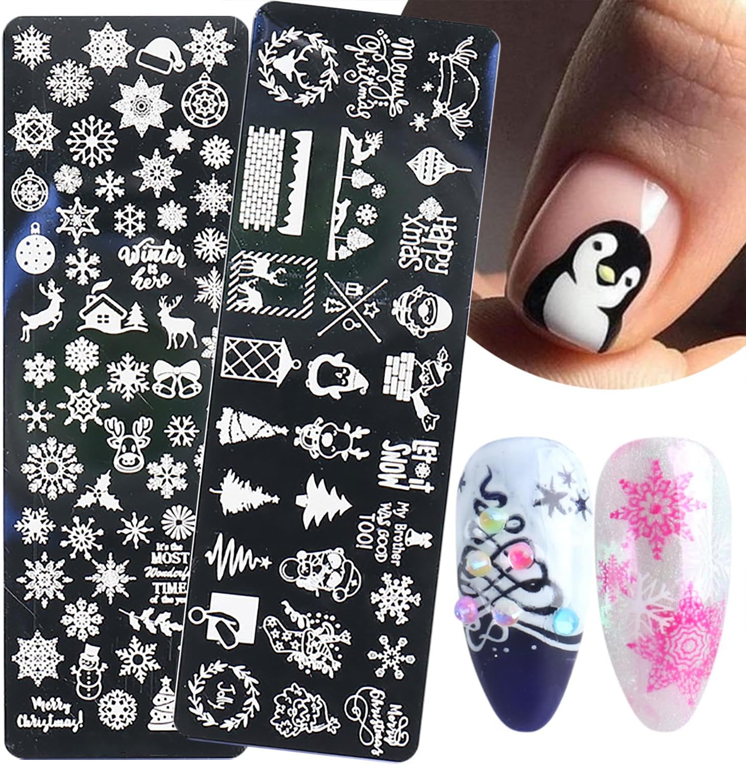 6pcs Christmas Nail Stamping Plate Nail Stamping Kit for Nails Snowflake Reindeer Christmas Tree Lights Image Plates Nail Stamping Plate for Women（4.72 x 1.57 inch）