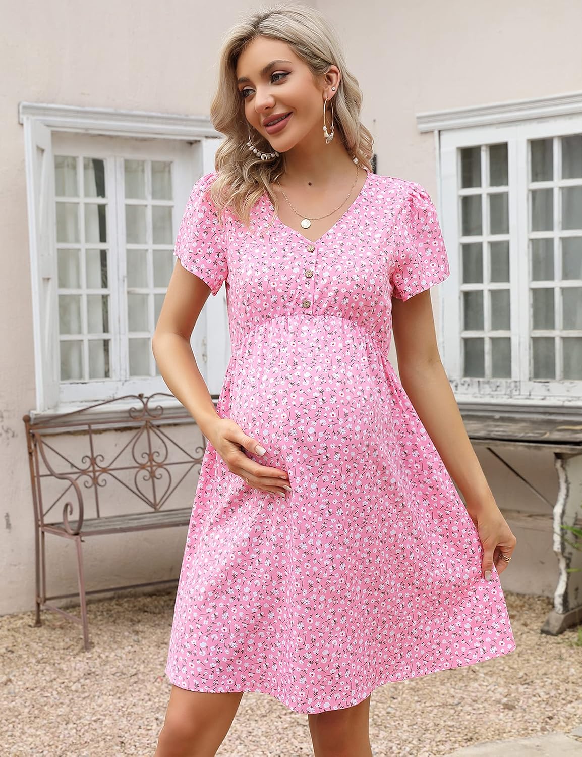 Womens Casual V Neck A Line Swing Wrap Maternity Dress Flowy Midi Maternity Dress for Baby Shower Photoshoot