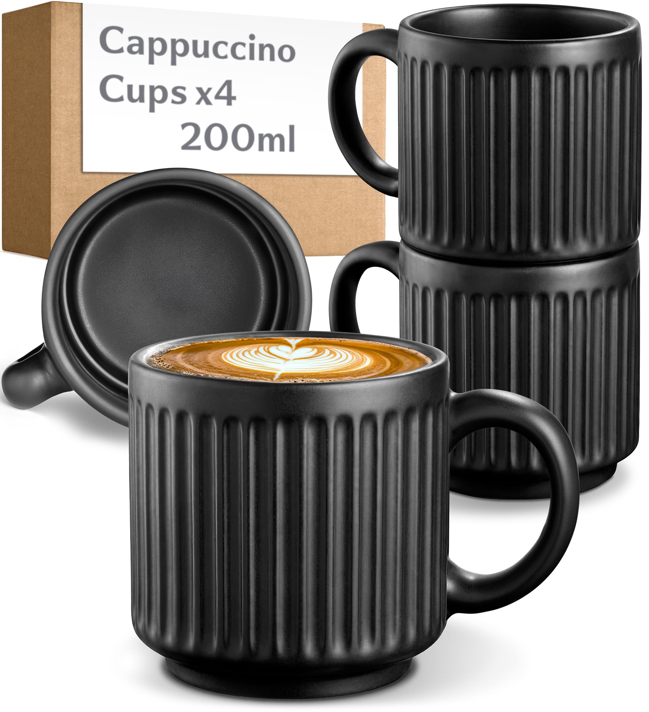 Cosumy Cappuccino Cups Set of 4 Black - Ceramic Coffee & Tea Cups 200 ml