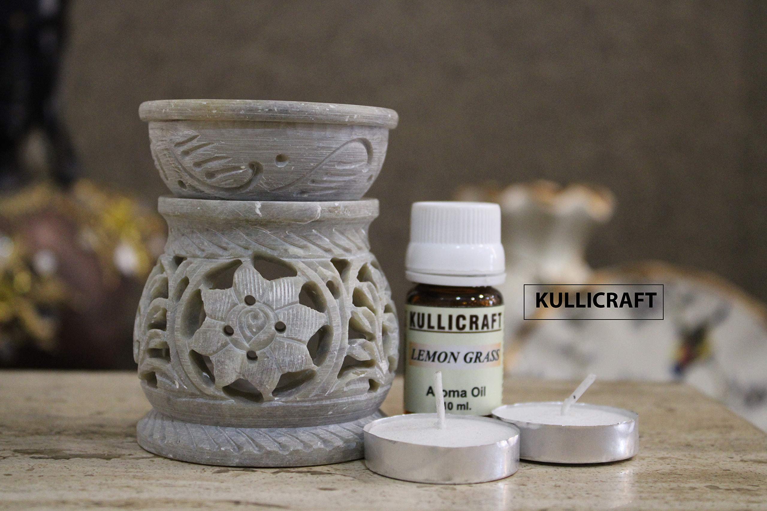 KC KULLICRAFTHandcrafted Soapstone Flower Carving Aroma Burner with 2 Pcs Tea Light Candles and 1 Aroma Oil (Beige)