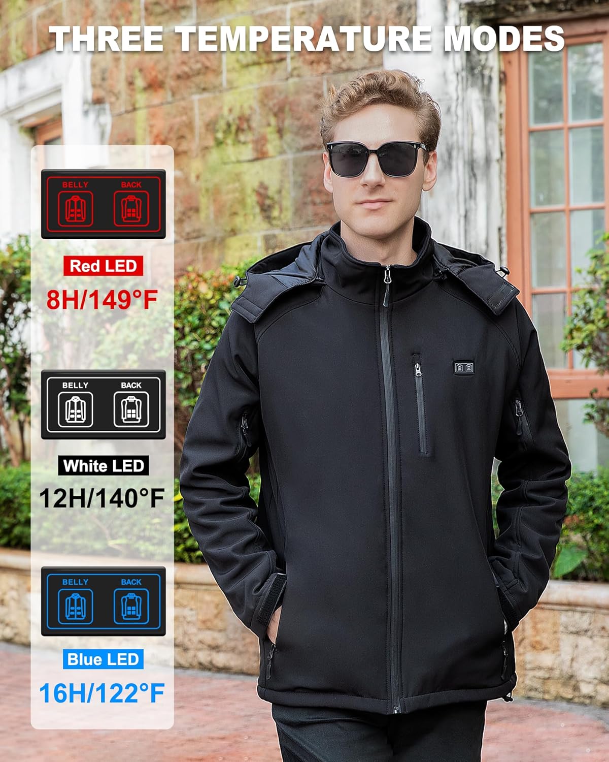 Heated Jacket for Men with 9 Heat Zones, Detachable Hood Mens Heated Jacket, Soft Shell Heating Coat for Winter - Image 4