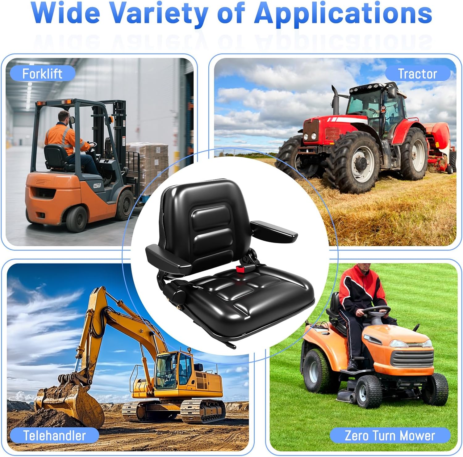 Universal Forklift Seat/Tractor Seat Compatible with Forklifts, Tractors, Zero-Turn Mowers, Skid Steers, Telehandlers, Backhoes, Excavators – Adjustable 120° Backrest,Sliding Rail, Armrest, Black