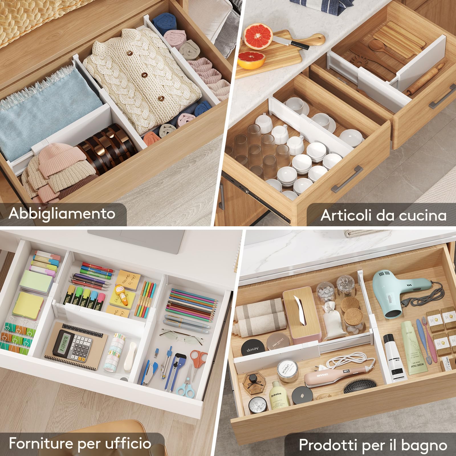 Lifewit Divisori per Cassetti in Plastica Confezione, Organizzatori per Cassetti Regolabili, Separatori per Cassetti Espandibili per Camera da Letto/Bagno/Cucina, Alti 12.7 cm, 34-50 cm, Pezzi 8