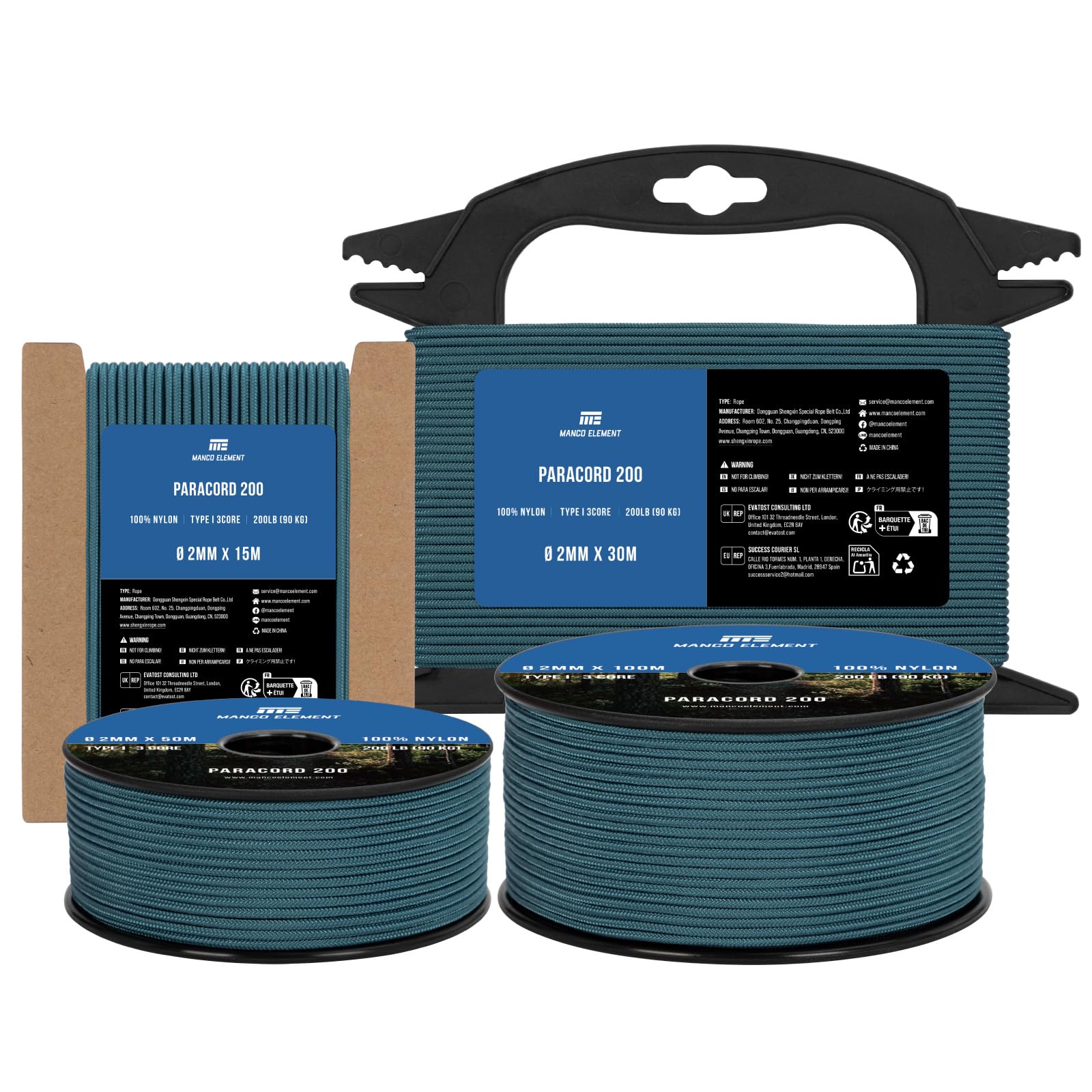 Manco Element Paracord 2mm 15m 3 Strands Type I Teal | 100% Nylon Parachute Cord Rope | 90KG Load Capacity - Ideal for DIY, Crafting, Outdoor, Camping