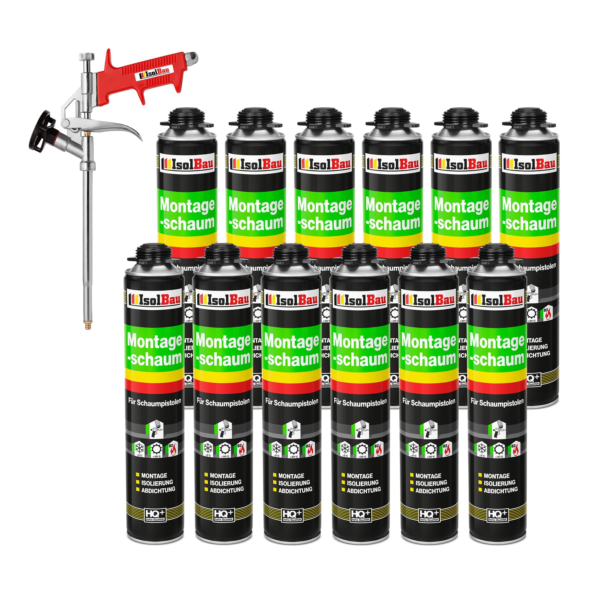 Isolbau Bauschaum-Set - Inkl. 12 x 1K Montageschaum B2 Pistolenschaum mit hervorragender Schall und Wärmedämmung (je 750 ml) & 1x Schaumpistole, Dämmen
