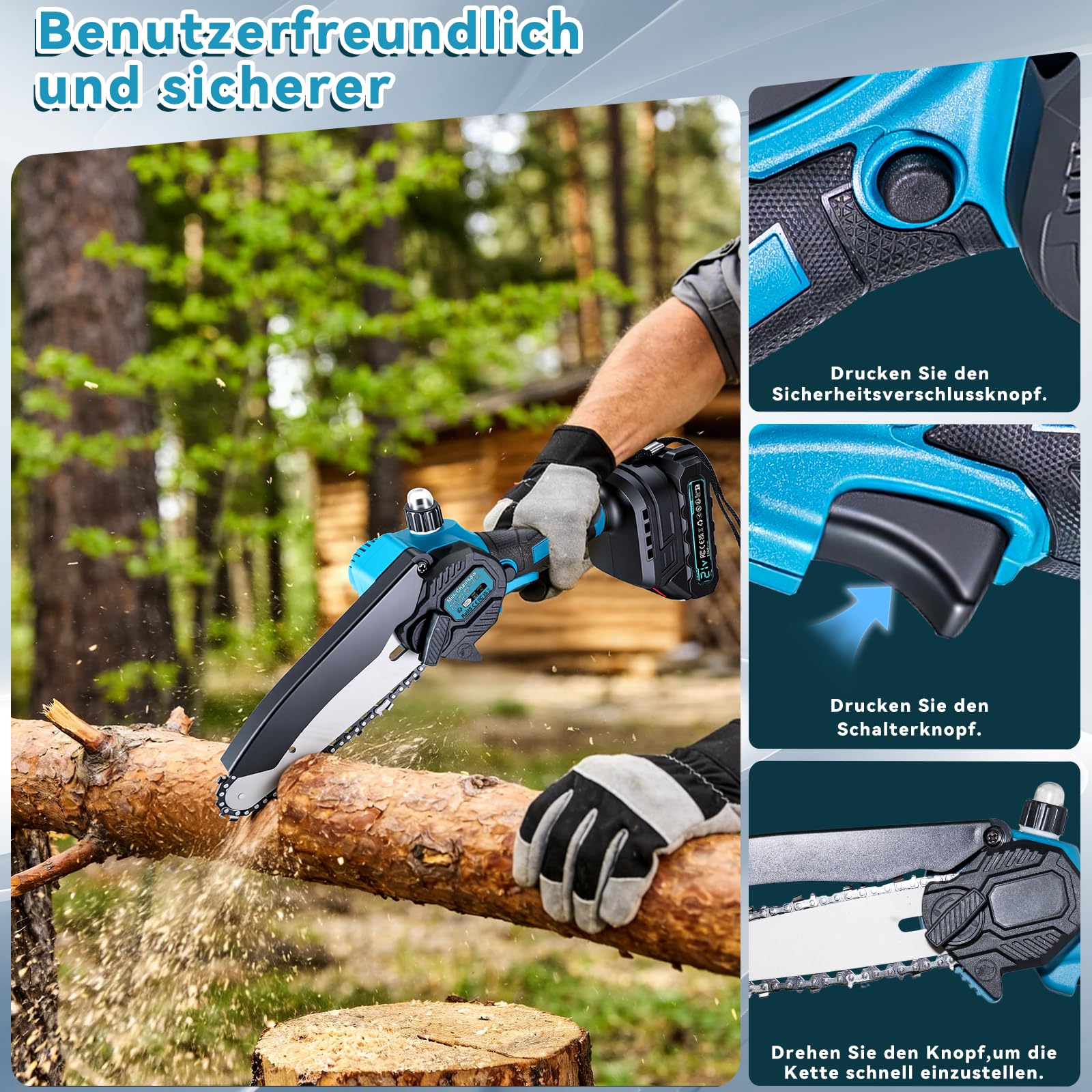 Mini Kettensäge mit Akku 4000mAh, 6 Zoll Akku kettensäge, Elektro kettensäge mit 2 Akku 2000mAh und Automatischer Öler, Handkettensäge Akku für Gartenscheren Astschere Holzschneidenz