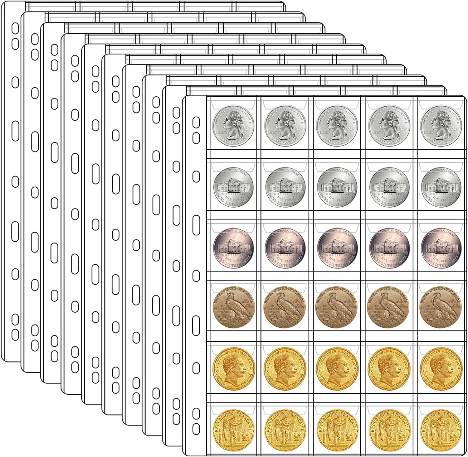 10 Sheets Coin Collection Pages, Coins Pocket Page with 300 Pockets, Coin Binder Inserts Sleeves with Standard 9 Hole for Coin Album. Storage Holder for Currency, Stamp and Other Supplies (30-Pocket)