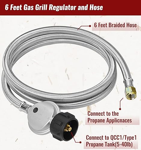 Miniatura 3 de Manguera de propano de 6 pies con regulador, manguera trenzada de acero inoxidable para parrilla Blackstone de 28/36 pulgadas, parrilla Weber,